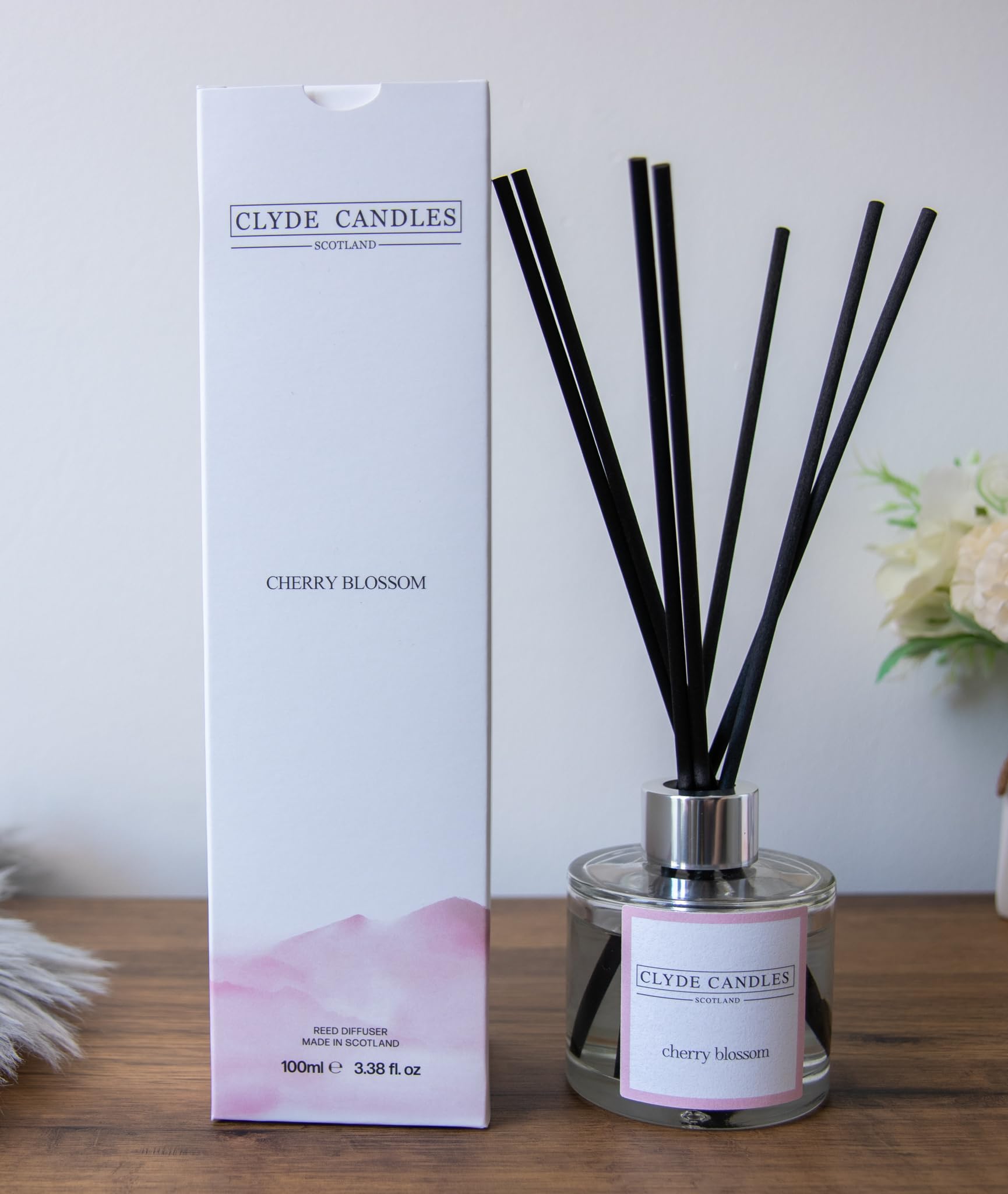 Cherry Blossom Reed Diffuser - Clyde Candles, Luxury 100ml, Clear