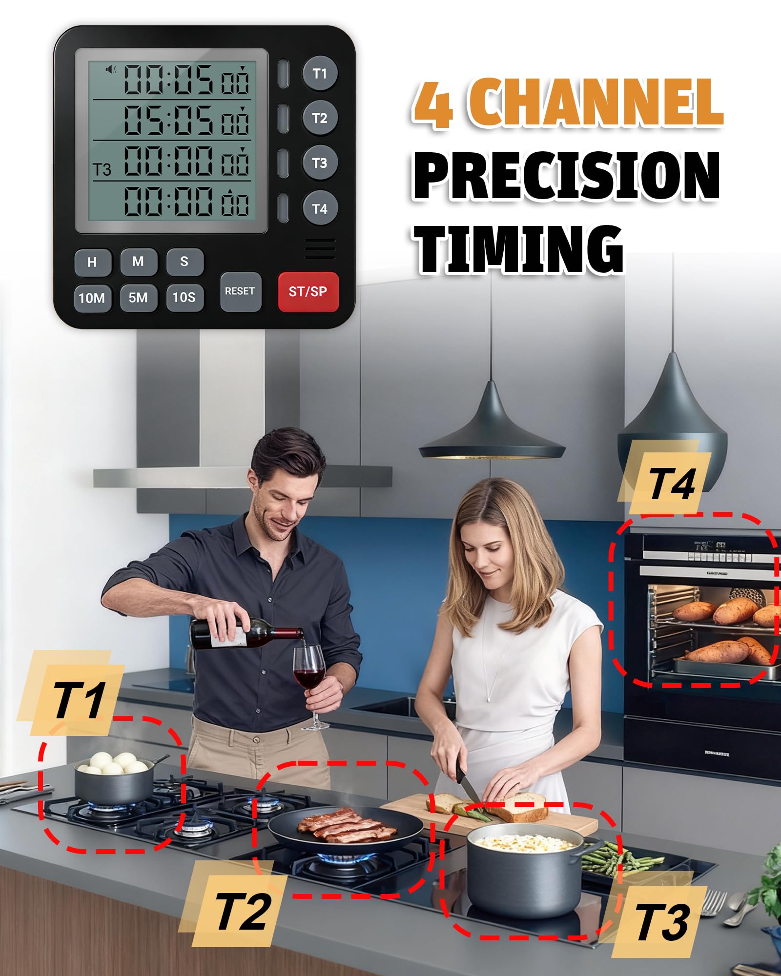 TPNEG Temporizador digital de cocina, temporizador de cocina de 4 canales con alarma, parte trasera magnética, modos ruidosos y silenciosos, cuenta arriba/abajo, ideal para hornos, personas mayores