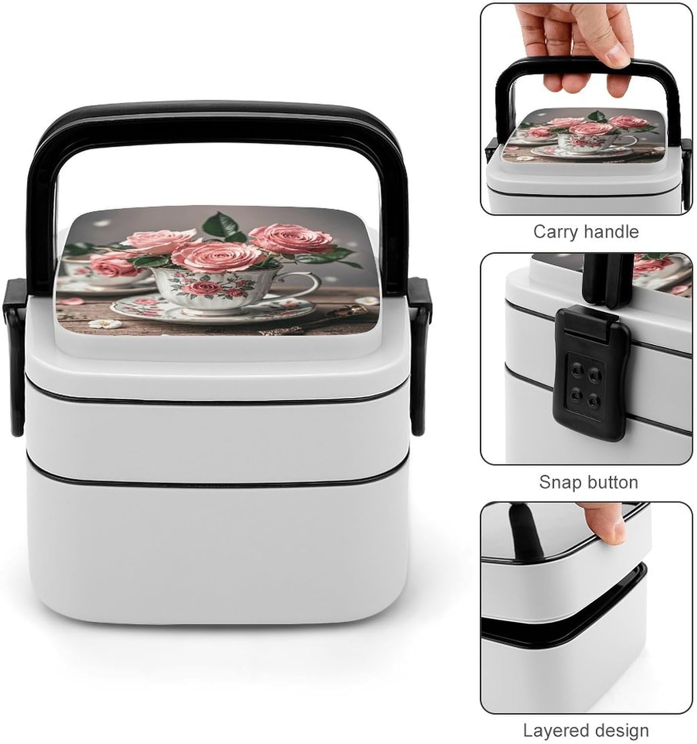 Bento Box with Spoon And Handle Tea Cups with Roses Romantic Shabby Printed Stackable Bento Box Portable Bento Lunch Box Container for Work Camping And Travel