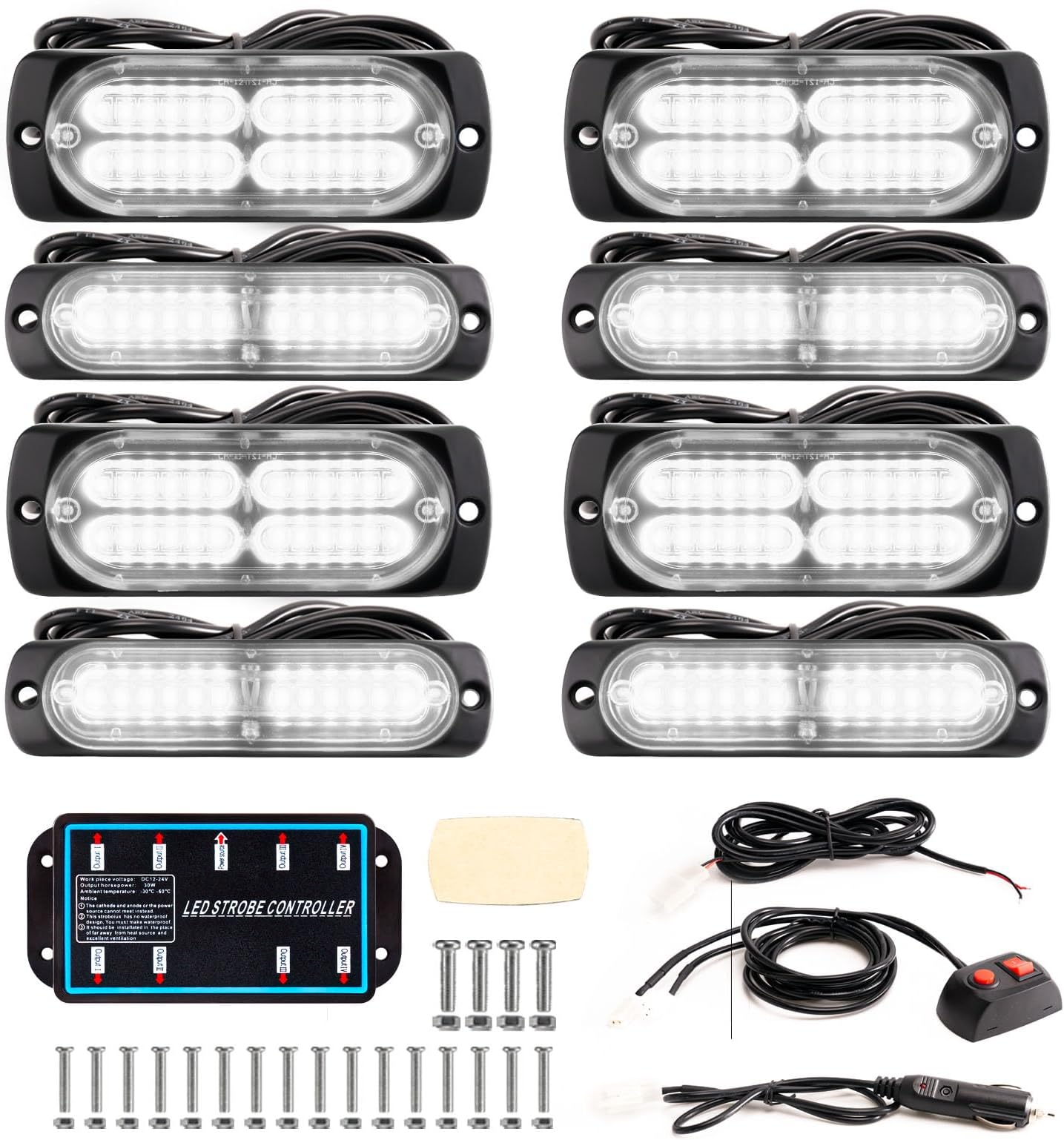 BooYu 8-pcs Surface Mount LED Emergency Strobe Flashing Lights w/Controller for Trucks, Vehicles, Car (White)