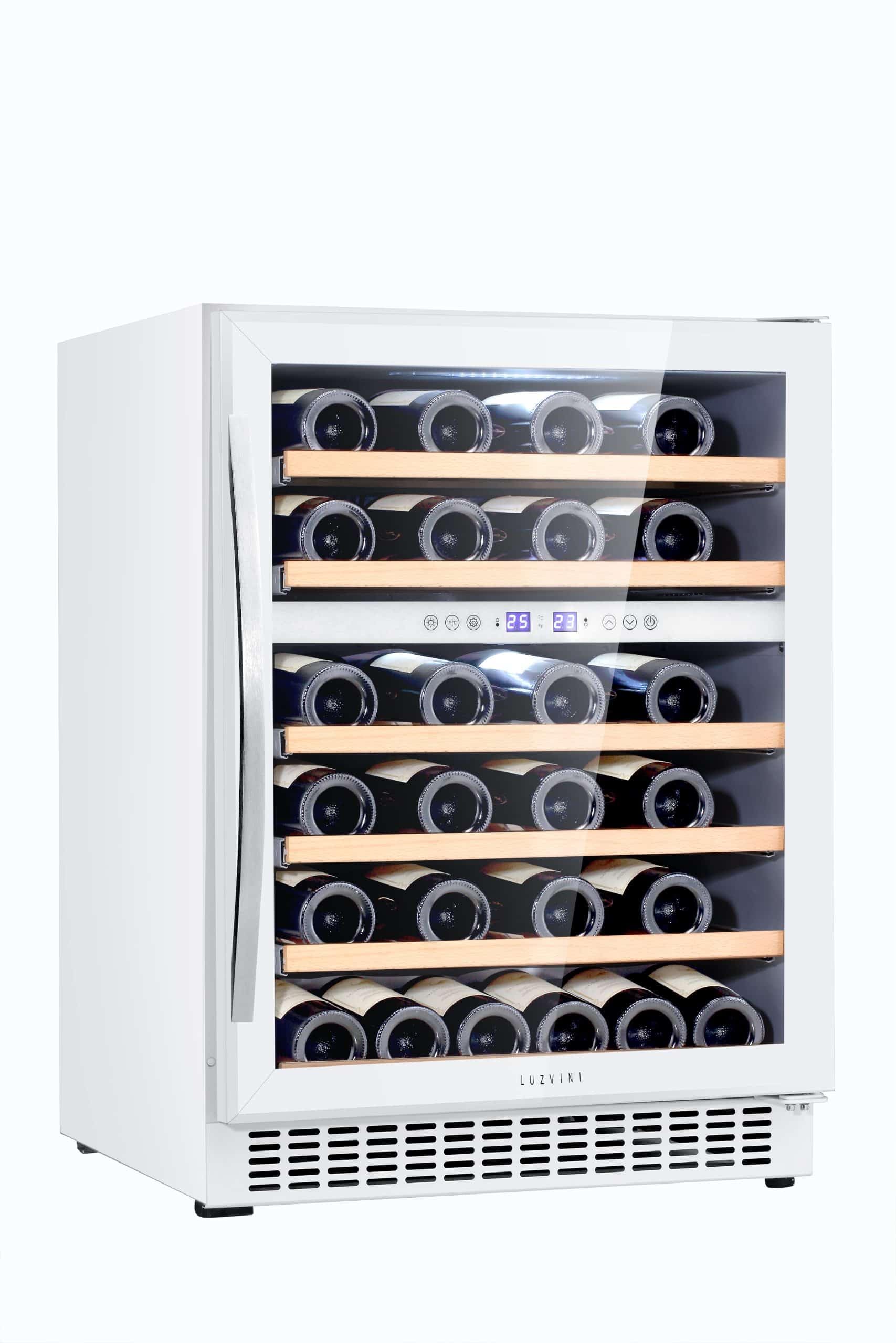 LV45W Weißer Einbau-Weinklimaschrank - Weinkühlschrank mit 2 Zonen - 45 Flaschen, geringer Energieverbrauch 116 kWh, Kompressorkühlung und 6 ausschiebbare Auflageflächen aus Buchenholz