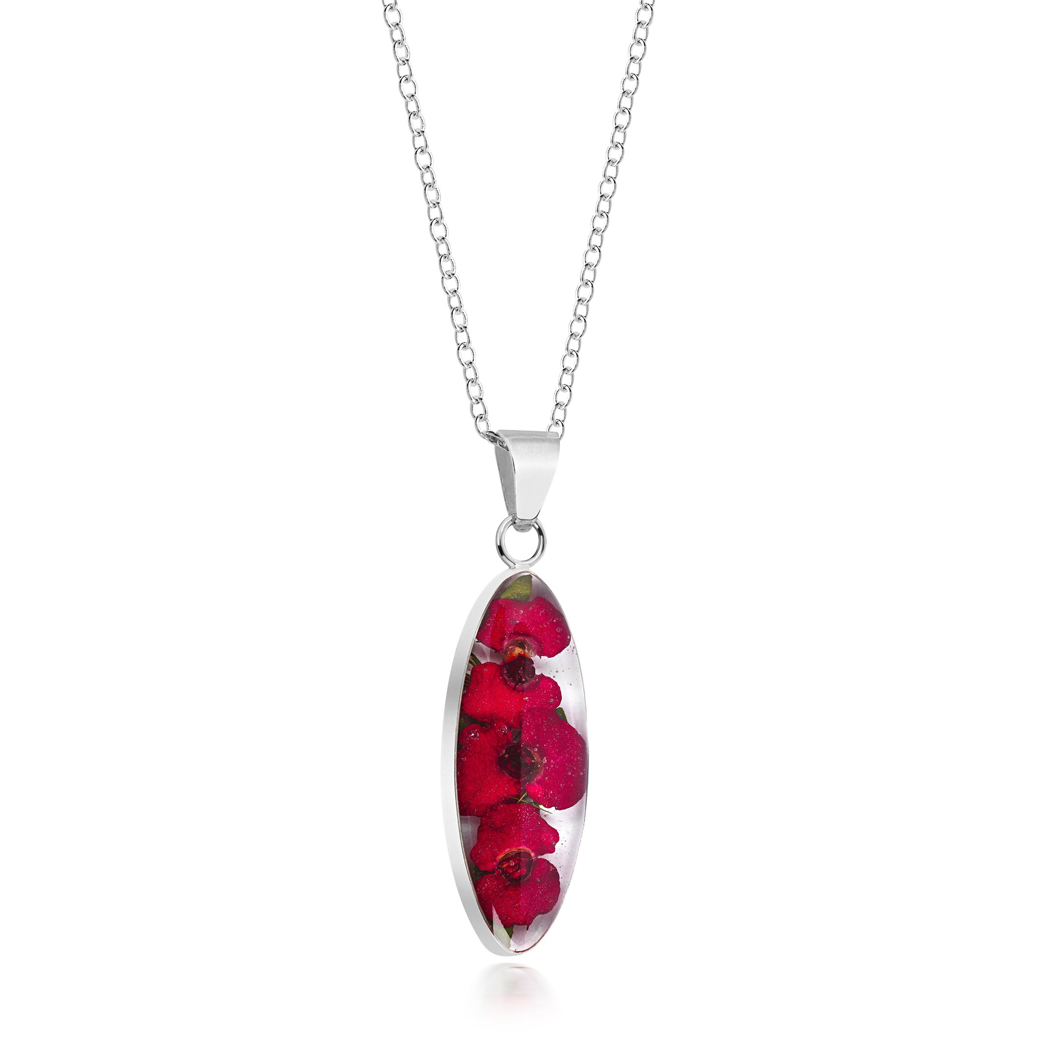 Natural Flower JewellerySterling Silver Oval Drop Pendant Made with Real Poppies, Sterling Silver Acrylic Resin, no stone