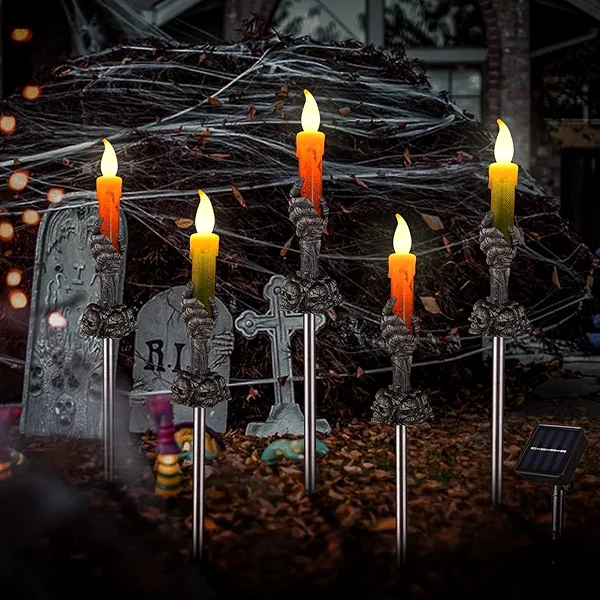 Halloween Decorations Outdoor, 5 Pack Solar Pathway Lights, LED Skull Black Hand Candle Holder, Outdoor Party Home Garden Porch Decor Orange & Green Lights