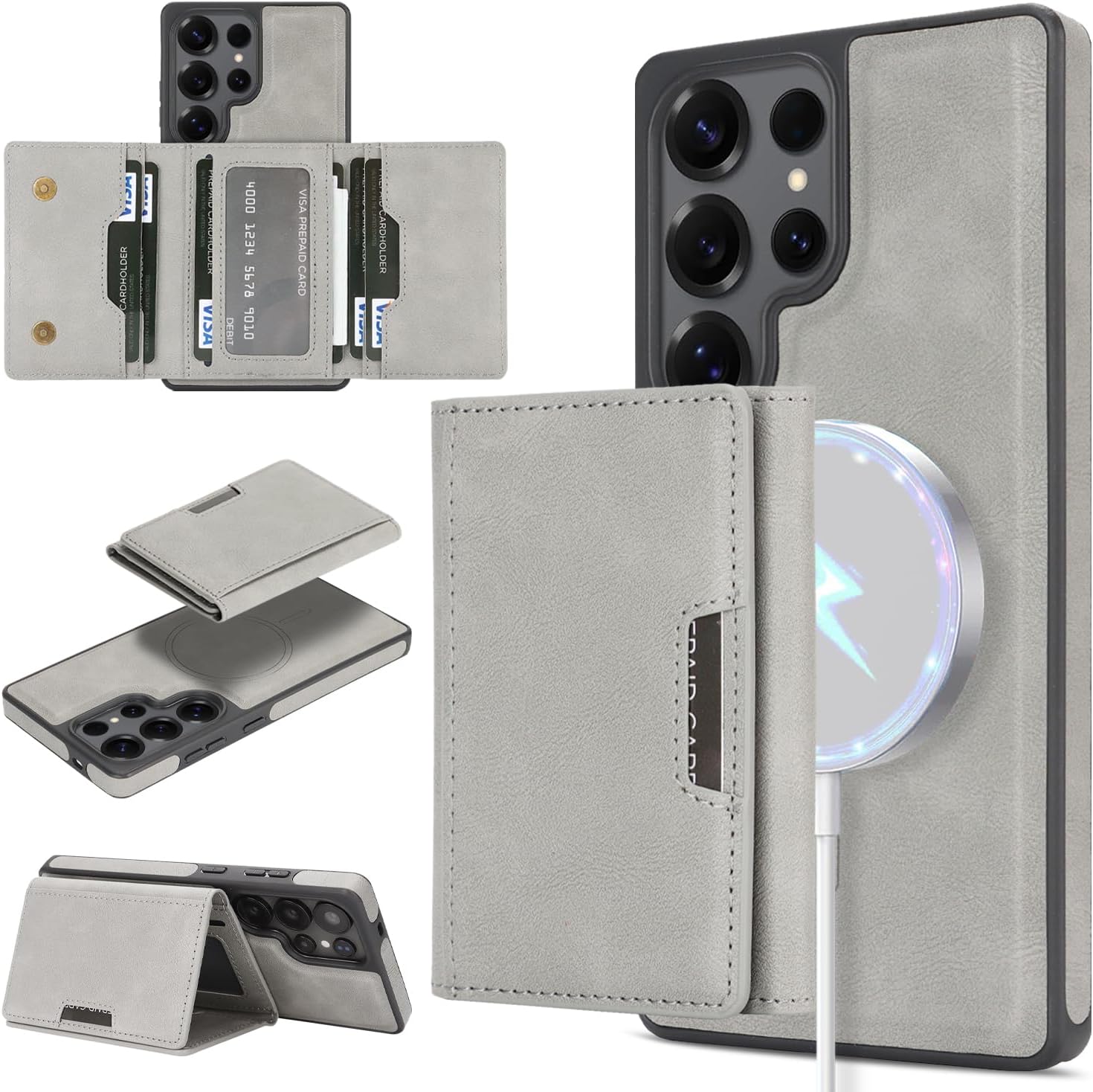 2-in-1 Protective Case for Samsung Galaxy S25 Ultra with Detachable Magnetic Wallet Card Holder Supports Magnetic Wireless Charging Made from Premium PU Leather Bracket Function (Gray) - Image 5