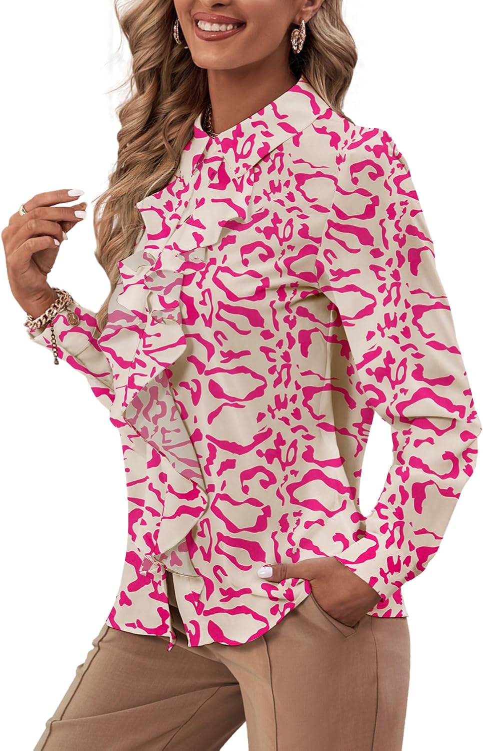 LYANER Women's Ruffle Front Blouse Collar Neck Button Down Long Sleeve Ruffled Shirt Dressy Work Top