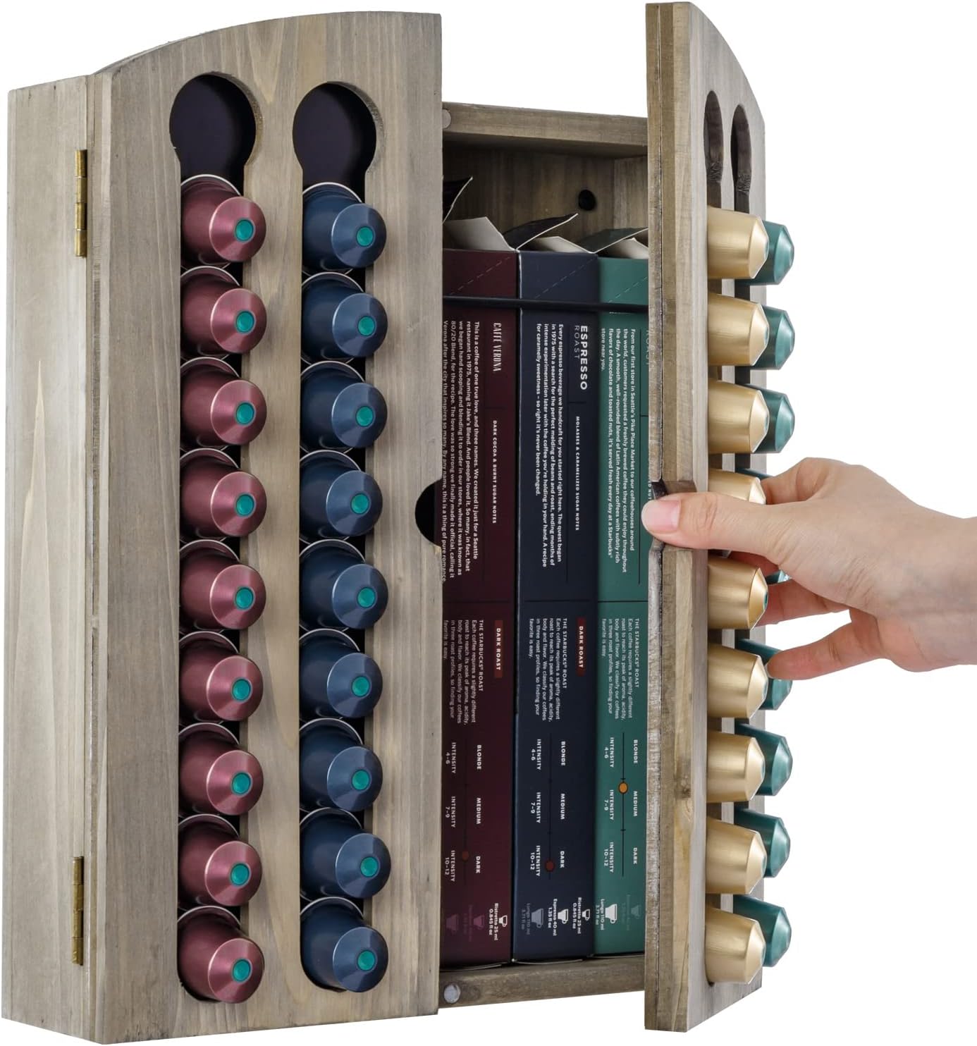 MyGift Wall Mounted Vintage Gray Solid Wood Coffee Pod Holder Sliding Dispenser Rack, Capsule Slider Rack and Refill Sleeve Storage Cabinet, Compatible with Nespresso Original Pods, Holds 36 Capsules