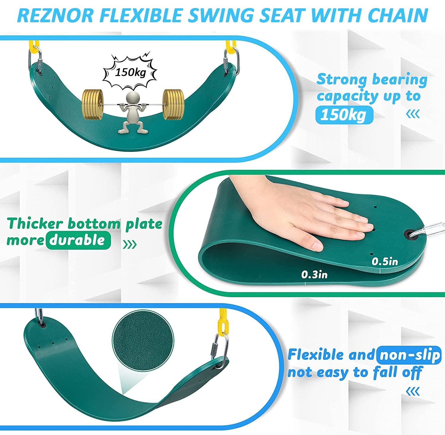 REZNOR Flexible Swing Seat Set for Kids/Adults Outdoor Park Garden Tree Backyard with 60 Plastic Coated Chain, Weight Support Upto 150Kg, Blue, (61 X 14 X 160Cm) 4