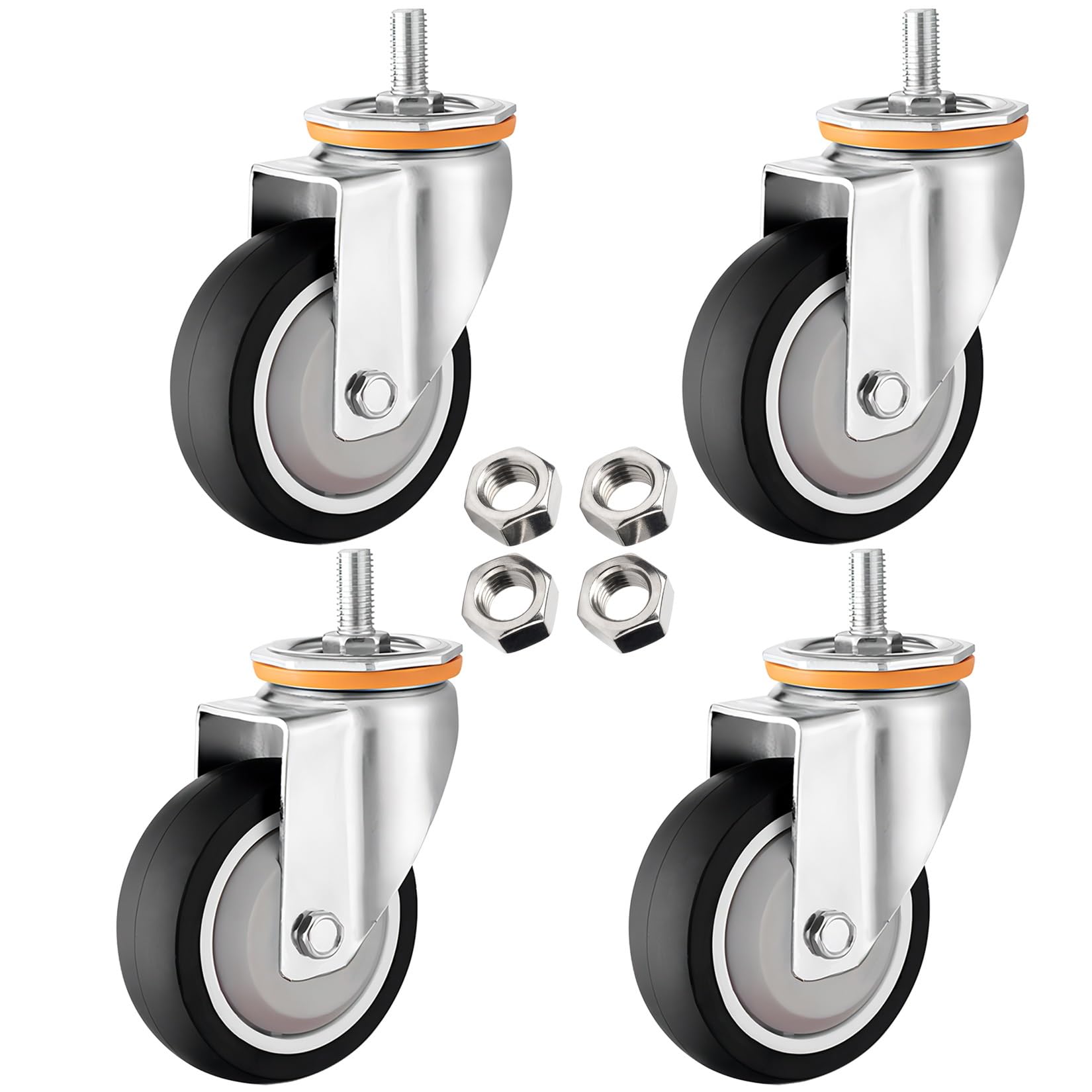 GYRAZXS Heavy Duty Swivel Castors Set of 4 63 125mm Diameter with Brake Quiet 360° TPR Rubber Wheels M10 M12 Stem Perfect Replacement for Furniture Trolleys