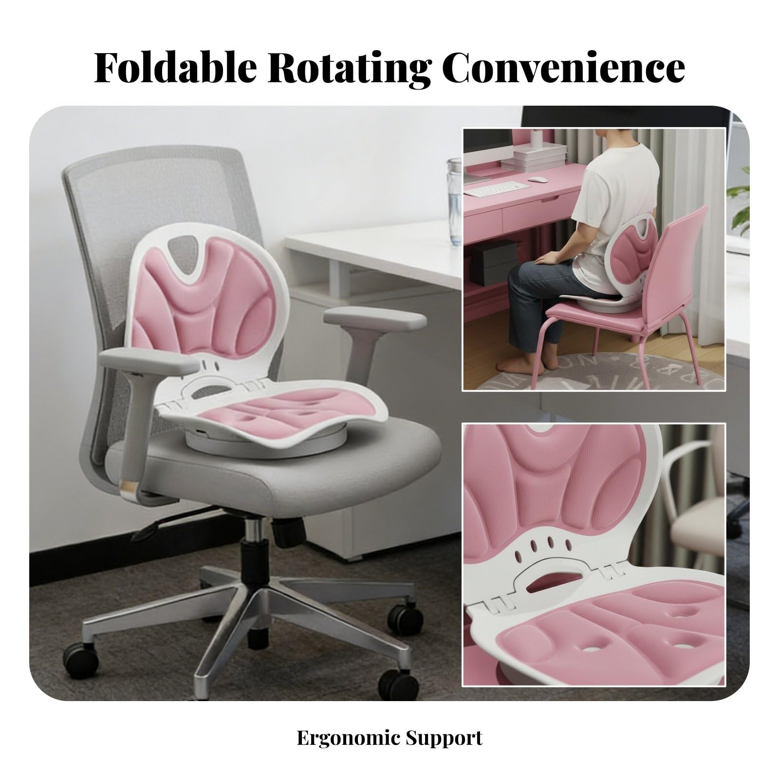 Cojín Ergonómico Cojín de Asiento Cojín Giratorio Almohada Lumbar Respaldo Transpirable con Apoyo Ergonómico Multizona Base Giratoria con Rodamientos