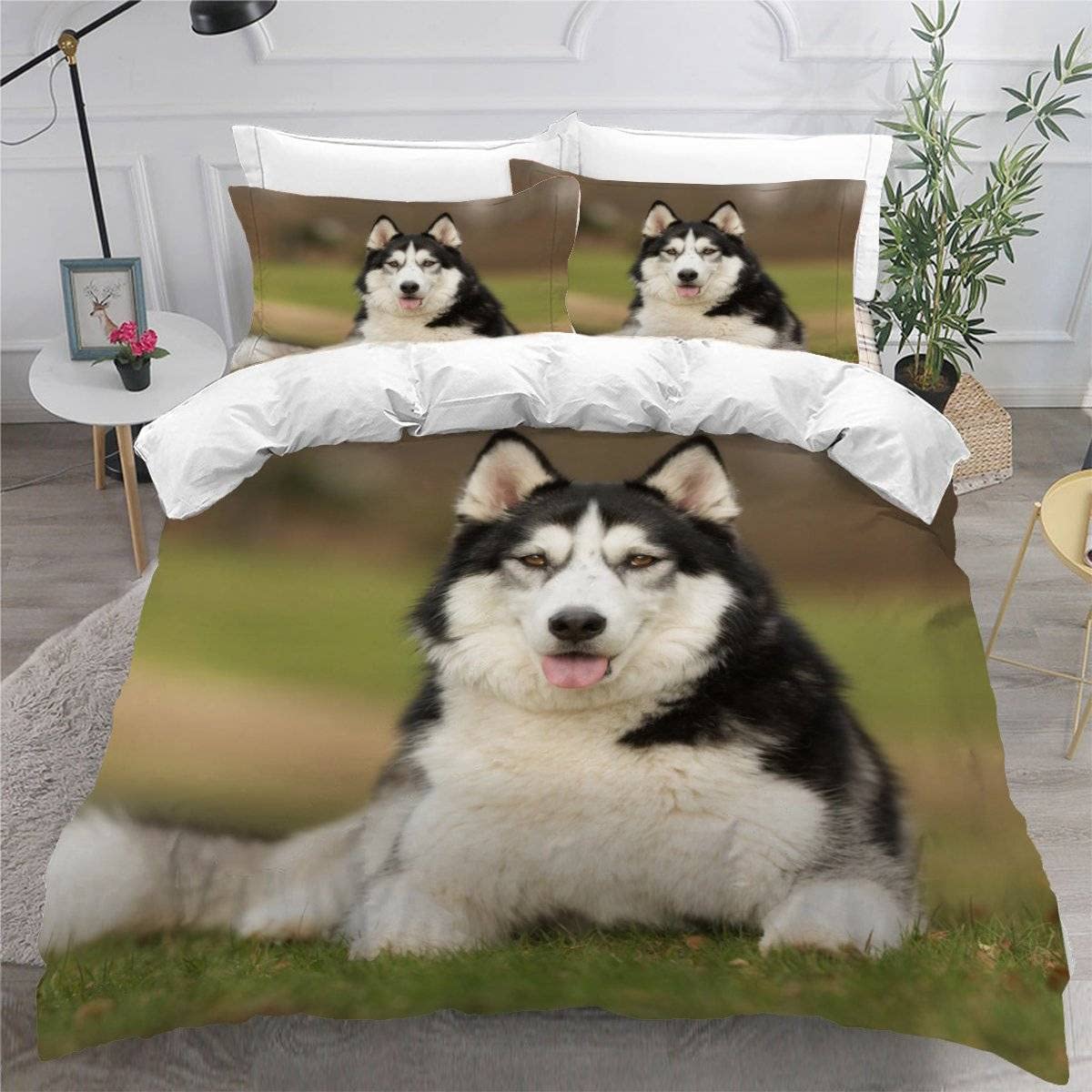 MEVASA Single Bed Kids Bedding Siberian Husky Duvet Cover Set Kids Girls Teens Boys Single Bedding Dog Cute Animal Fluffy Microfiber Hypoallergenic Single Duvet Cover 3 Pieces /135x200 cm