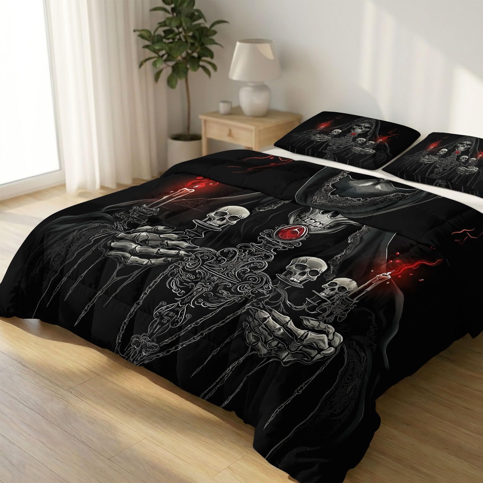 Couette 2 personnes 260 x 240 cm noire motif crâne avec 2 taies d'oreiller 65x65