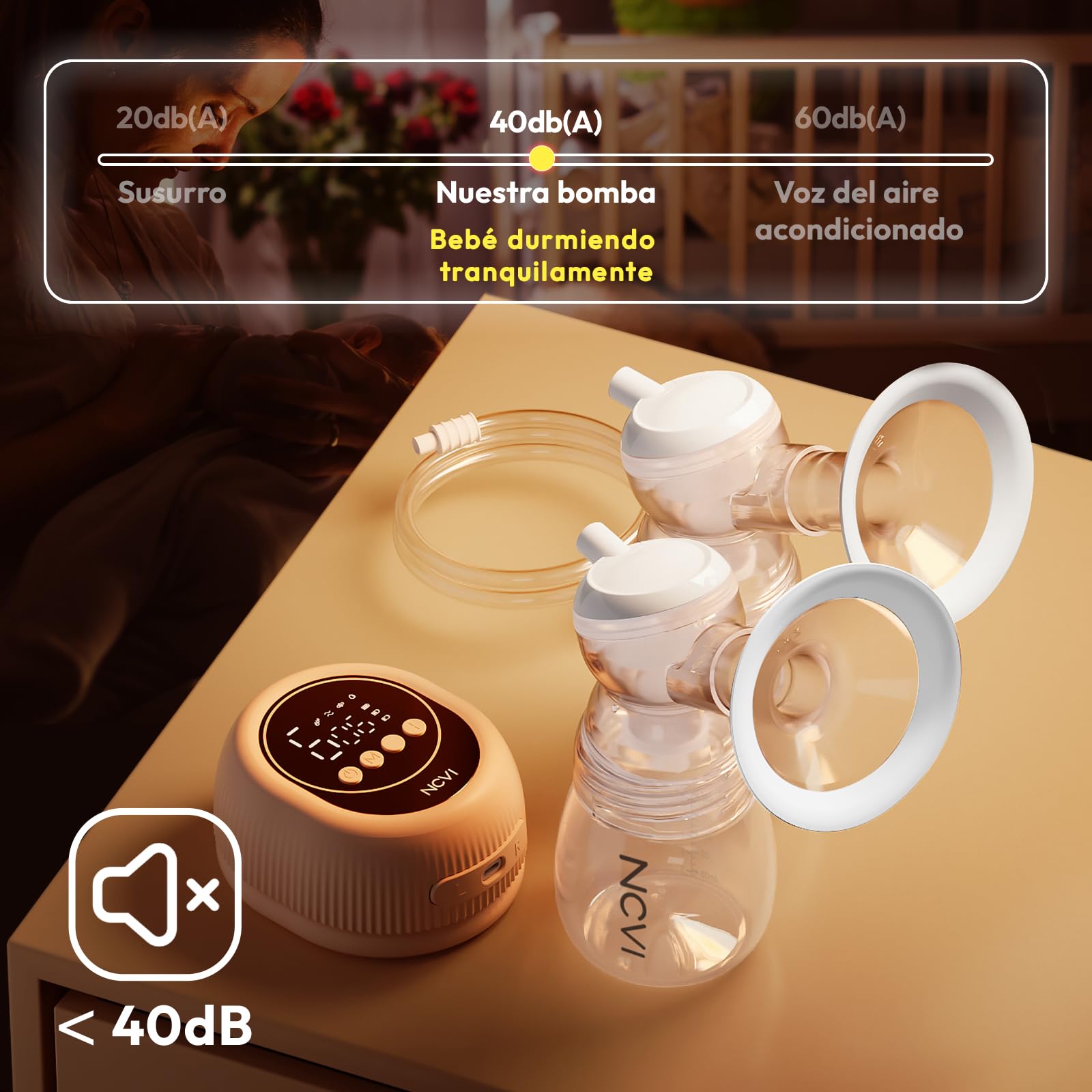 Extractor de leche eléctrico NCVI 8128, extractor de leche doble silencioso, 4 modos de extracción y 9 niveles de intensidad, antirreflujo, pantalla LED, incl. protectores de pecho de 24 mm, rosa