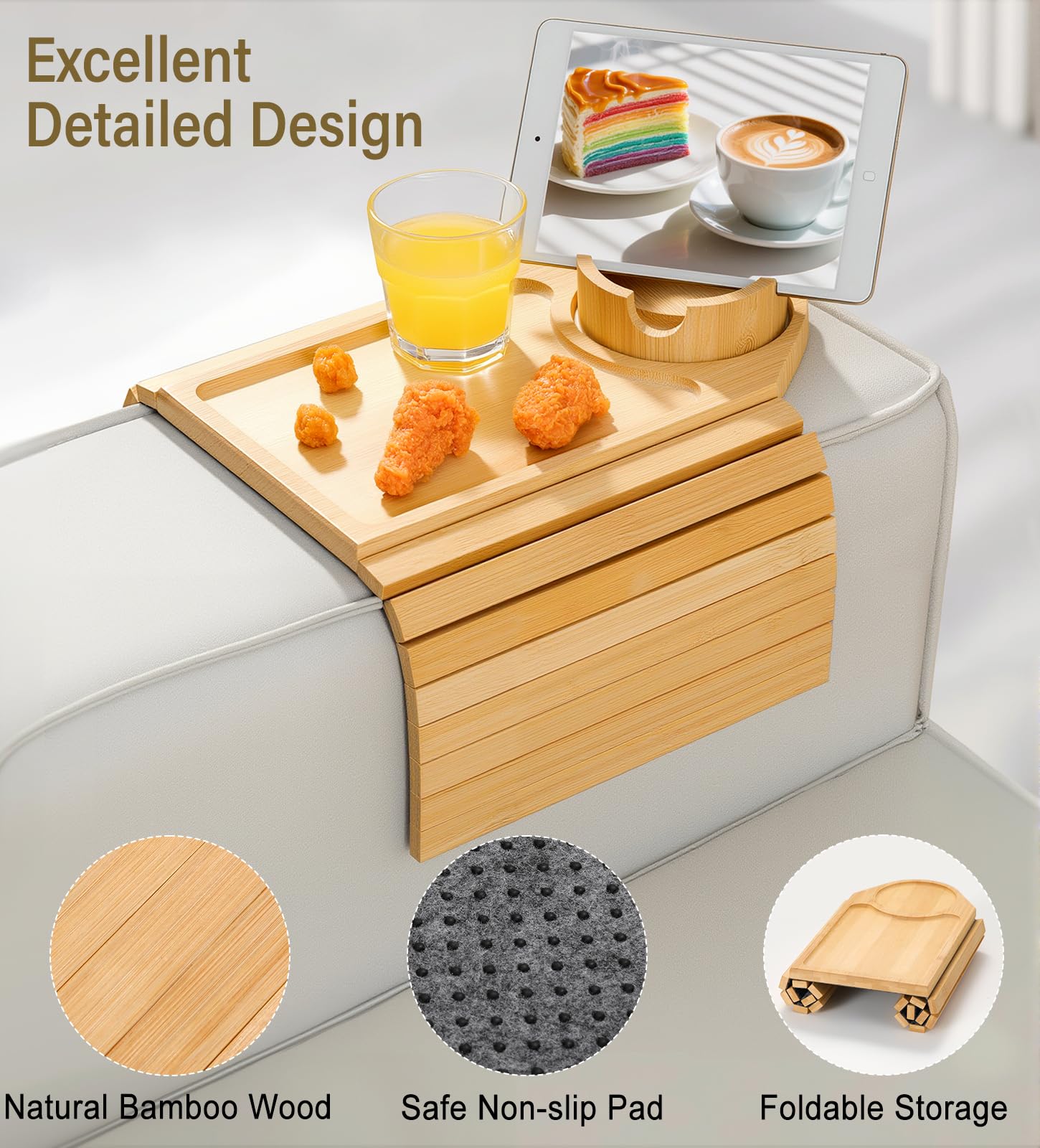 Bandeja de Brazo de Sofá, Mesa Bandeja de Bambú para Sofá, Bandeja para Brazo de Sofá con Portavasos, Organizador Antideslizante para Reposabrazos para Bebida, Taza, Merienda, Control, Natural