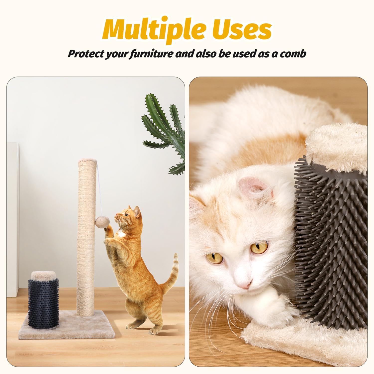 Nobleza Rascador para Gatos， Poste de Rascador para Gatos， Cuerda de Sisal Natural con Bolas Juguete y Peine de Silicona para Gatos， 60x30x30cm Color Beige