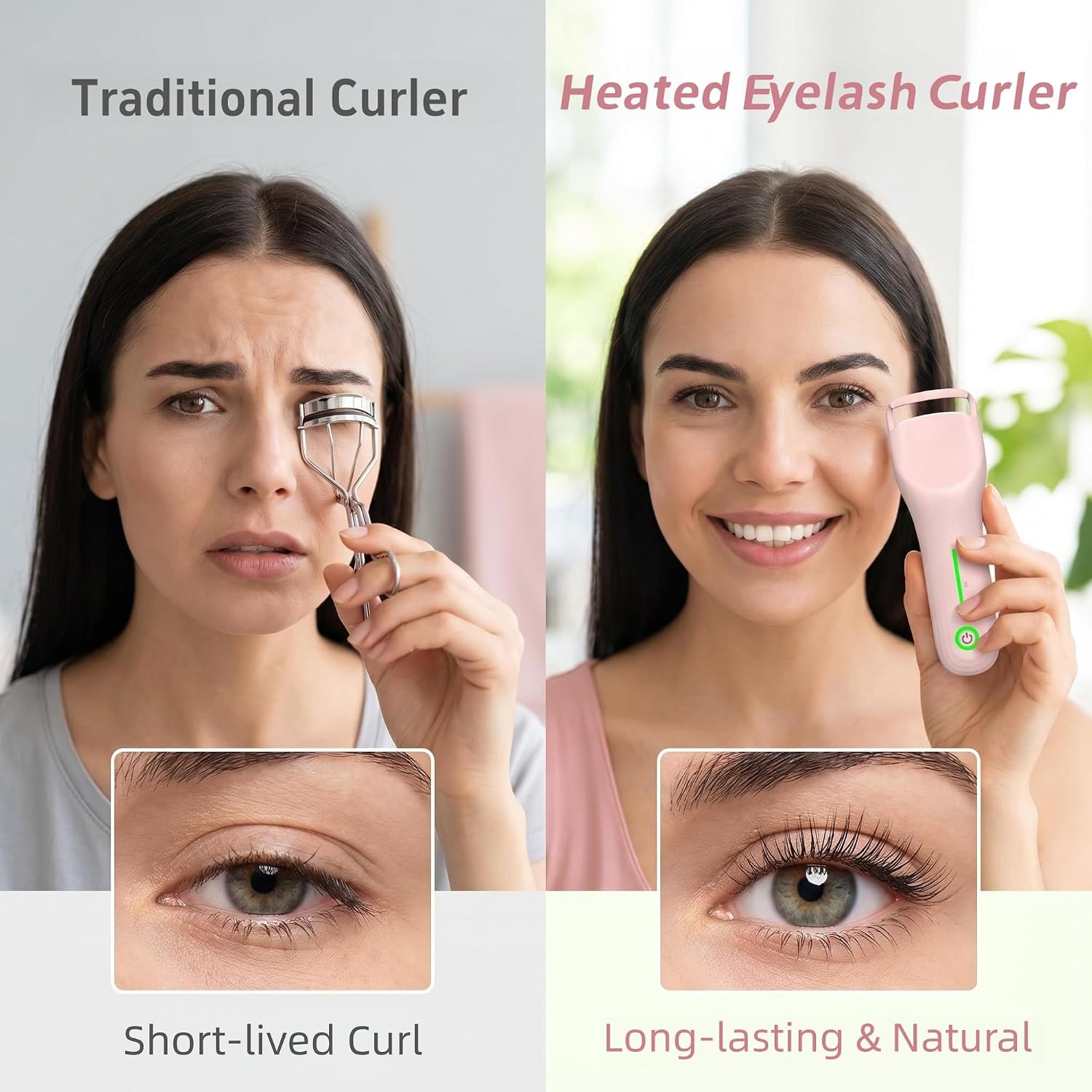 Heated Eyelash Curler, 3 Temp Levels 149°F-185°F, Silicone Anti-Scald, USB Rechargeable Electric Lash Curler, 15s Fast Heat-Up for Natural Long-Lasting Curl, Makeup Tool for Women (Pink)