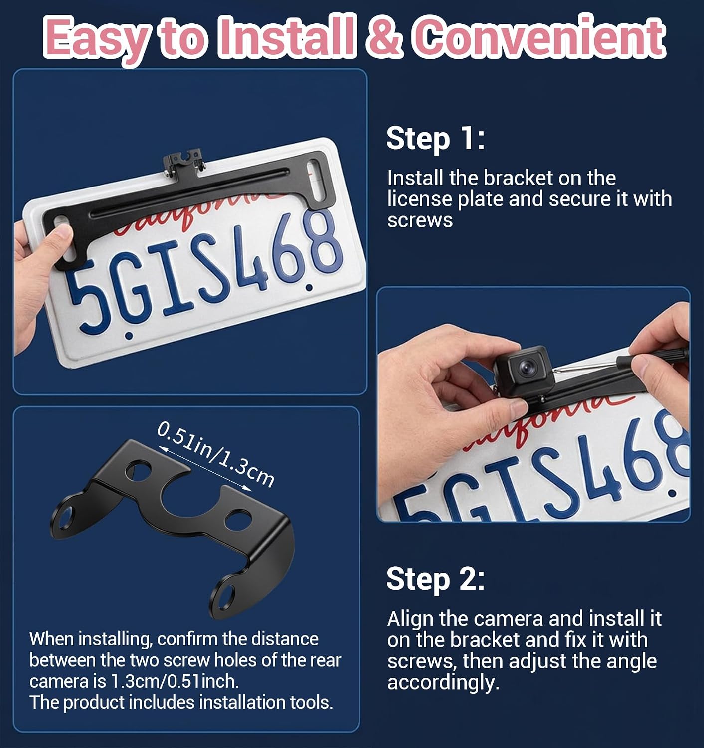 2 Pcs License Plate Camera Mount, No-Drill Universal Backup Camera License Plate Mount for Sedan, SUV, Truck (Black, 9.8 x 2.8 x 0.4 in) image 5