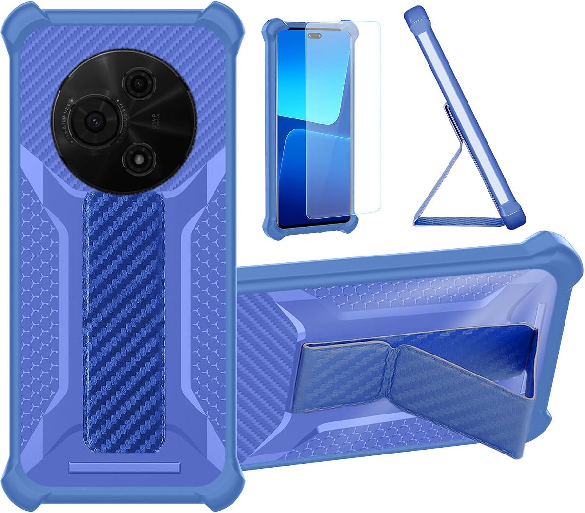 bojioderf Funda Compatible con TCL 605 T517A Funda con Soporte [con 1* Protector de Pantalla de Vidrio Templado] Funda Híbrida [Soporte Plegable Magnético] [Esmerilado Antihuellas] Azul