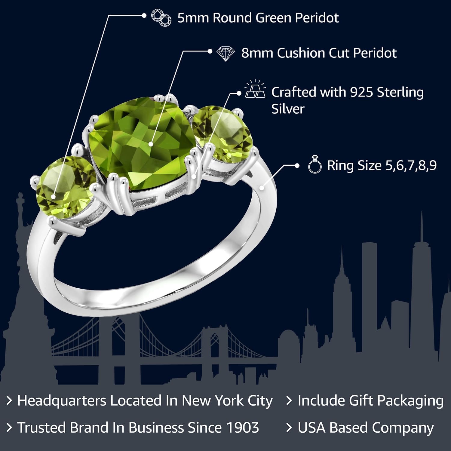 Gem Stone King 3.45 Cttw Green Peridot 3-Stone Engagement Ring For Women | 925 Sterling Silver | Gemstone August Birthstone | Cushion 8MM | 3 Stone Wedding Anniversary Promise Ring
