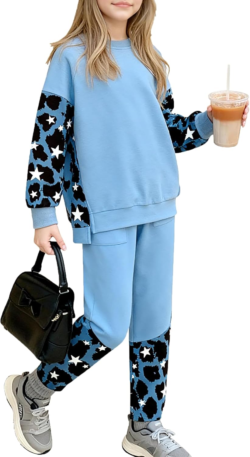 LecGee Girls Sweatshirt Set Casual Long Sleeve Teen Girl's Fall Pullover Legging Pants Printed 2 Piece Outfit for 4-15Y