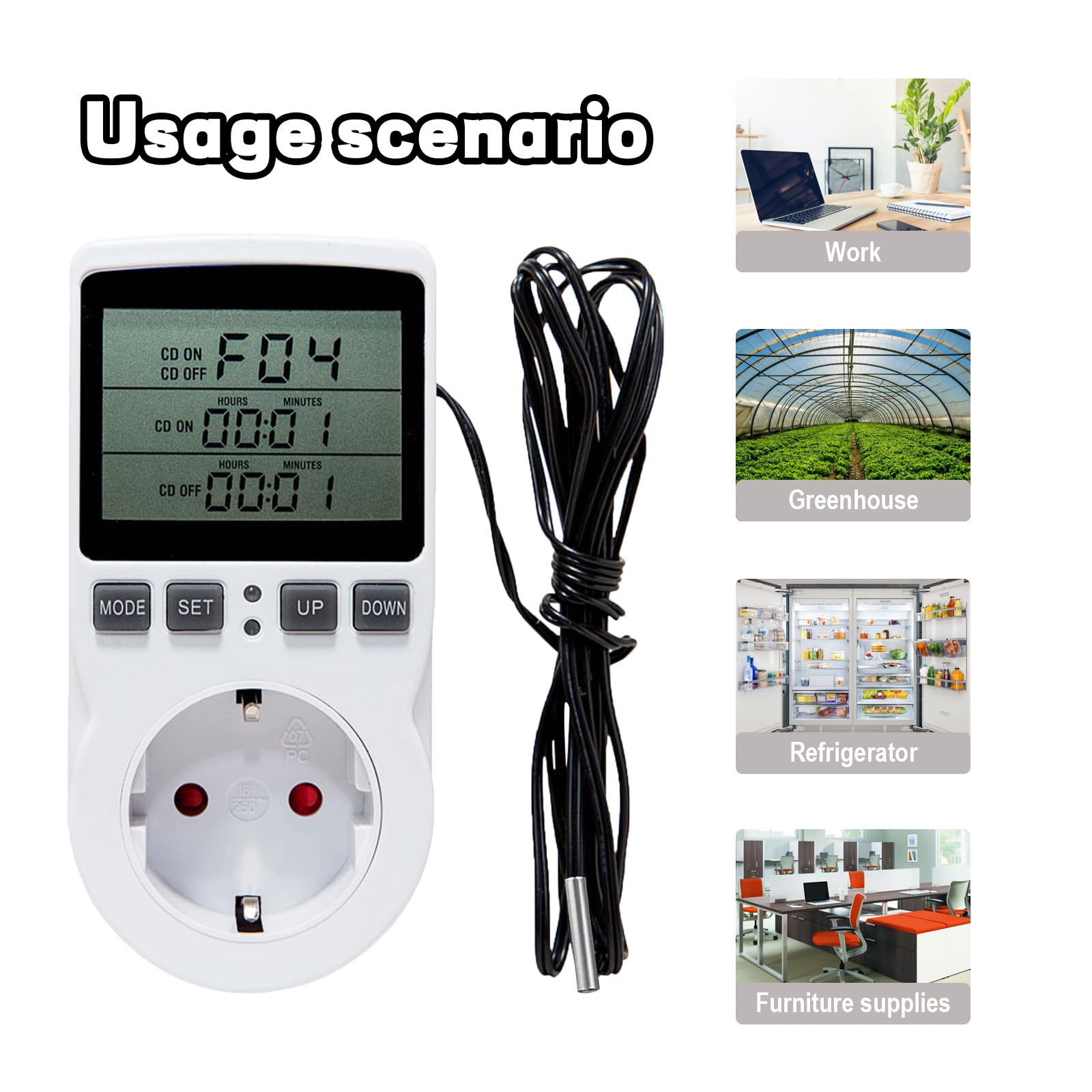Termostato Presa Digitale Regolatore di Temperatura 230V con Sonda Presa con Regolatore di Temperatura per Serra, Acquario, Riscaldamento, Terrario, Acquario, Rettili, Incubatore Thermostat