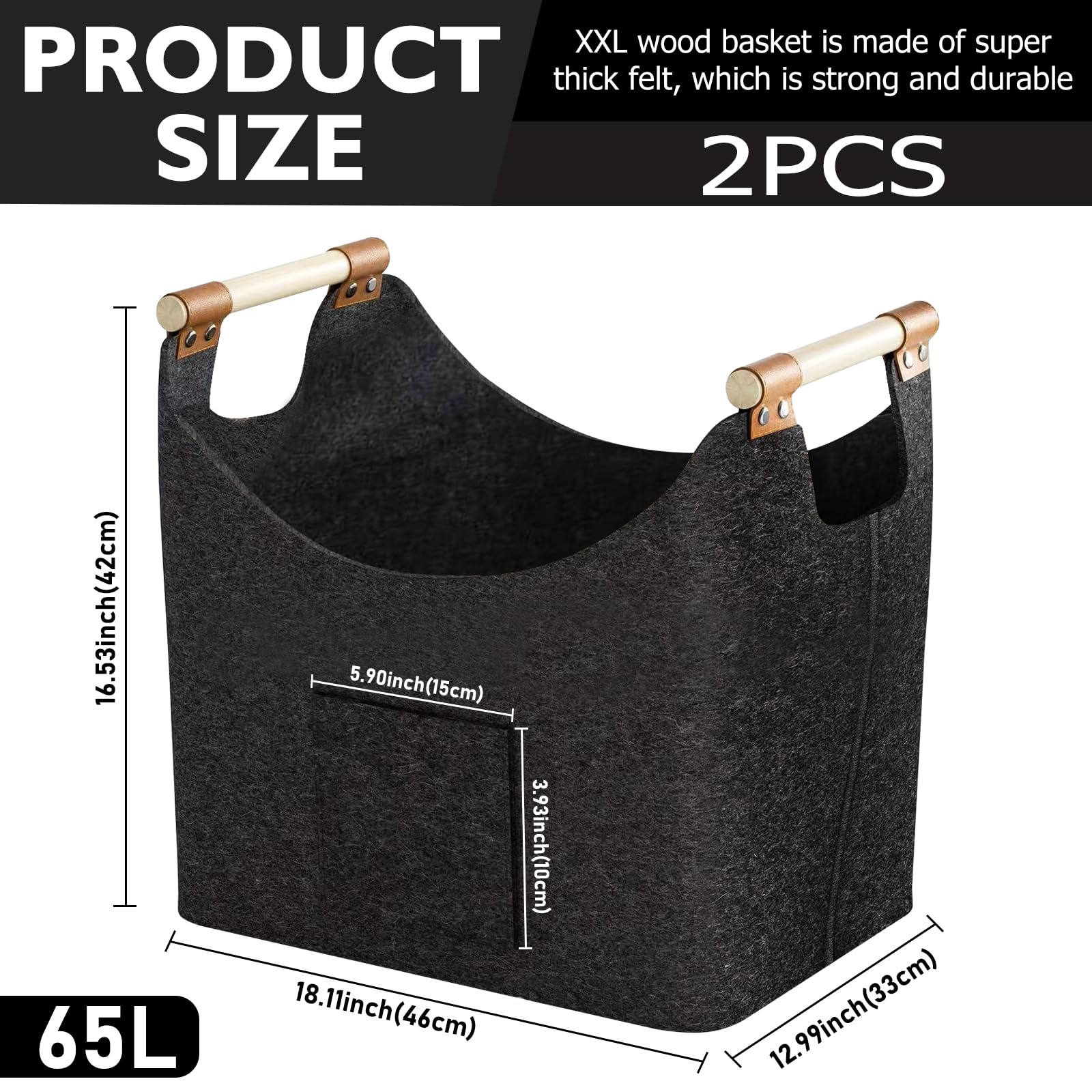 SPORWAY Lot de 2 Paniers XXL de Chauffage Pliables en Feutre Extra Épais avec Poignée en Bois Renforcée