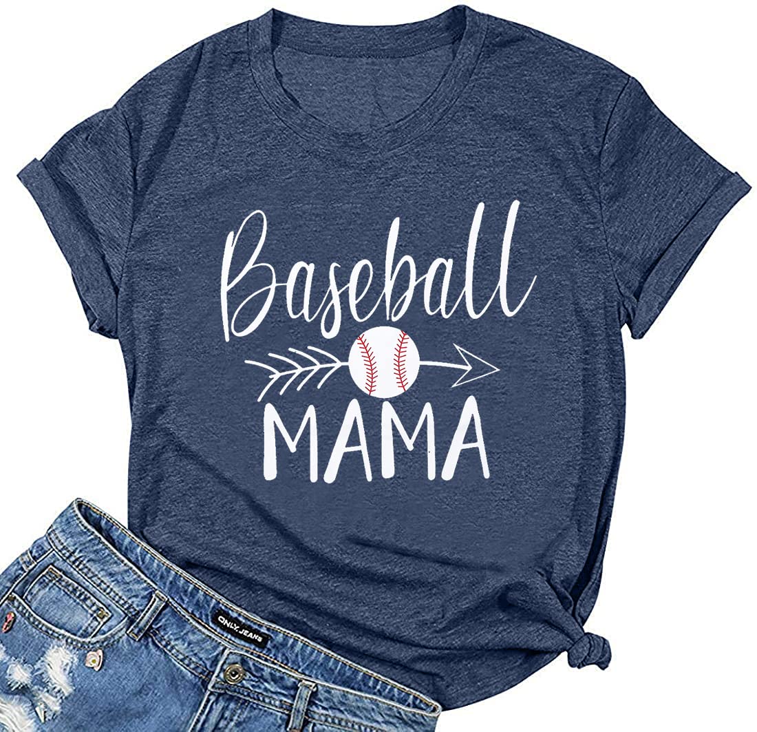 KIDDADWomen's Baseball Mama Shirt Funny Letter Print Graphic T-Shirt Beach Softball Mom Short Sleeve Top Blouse