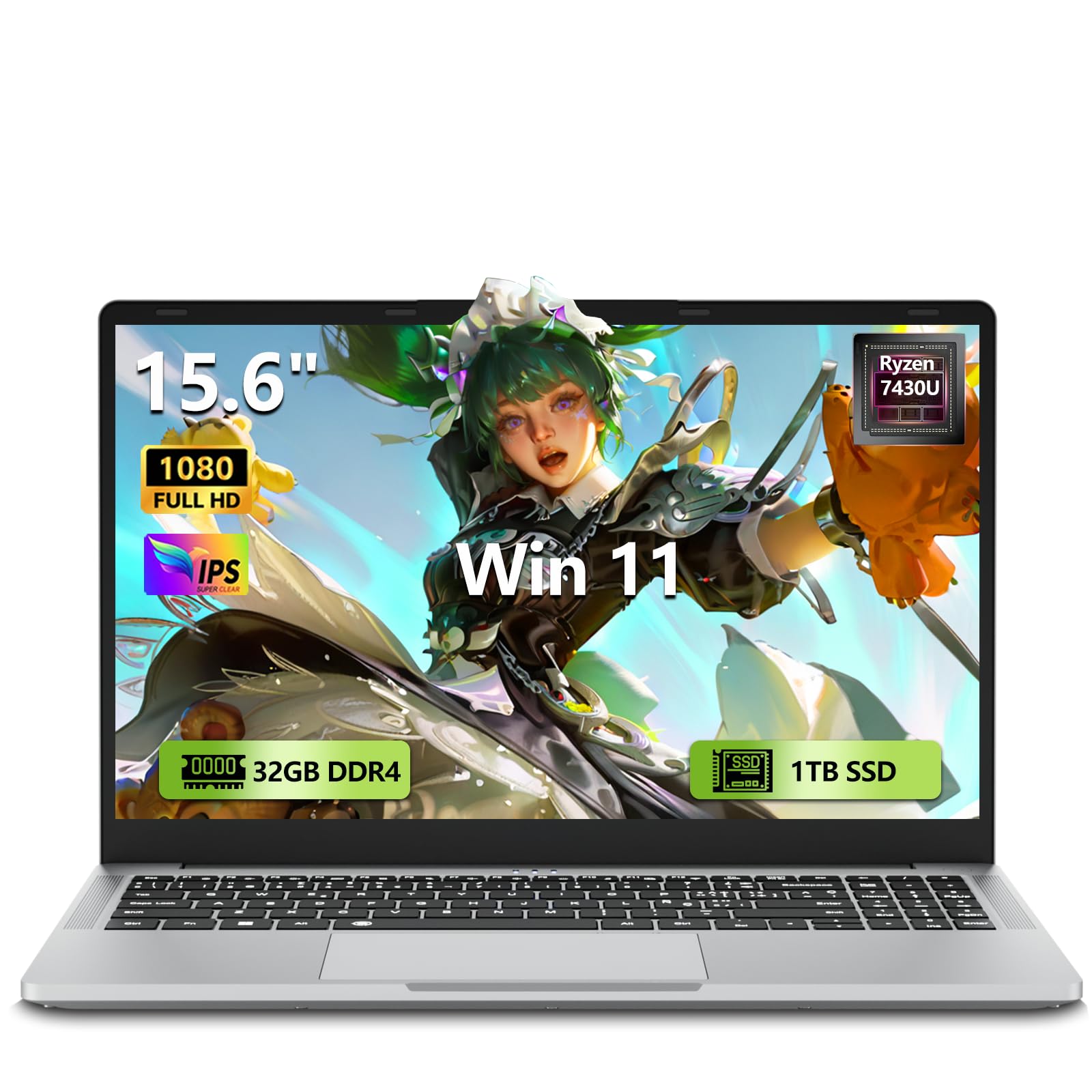 Ordenador Portátil 15,6 Pulgadas Ryzen 5 7430U CPU, PC Portátil Win 11 32GB RAM 1TB SSD, Laptop con Teclado Retroiluminado con Tastierino Numérico, Type-C, Computadora Portátil HDMI USB3.0 WiFi5 BT5.1