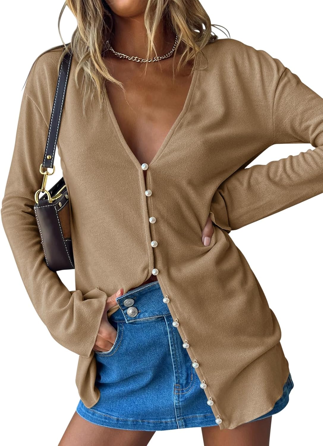 Saodimallsu Women Deep V Neck Cardigan Lightweight Button Down Long Sleeve Loose Open Front Knit Summer Shirts Khaki, Large - Image 2