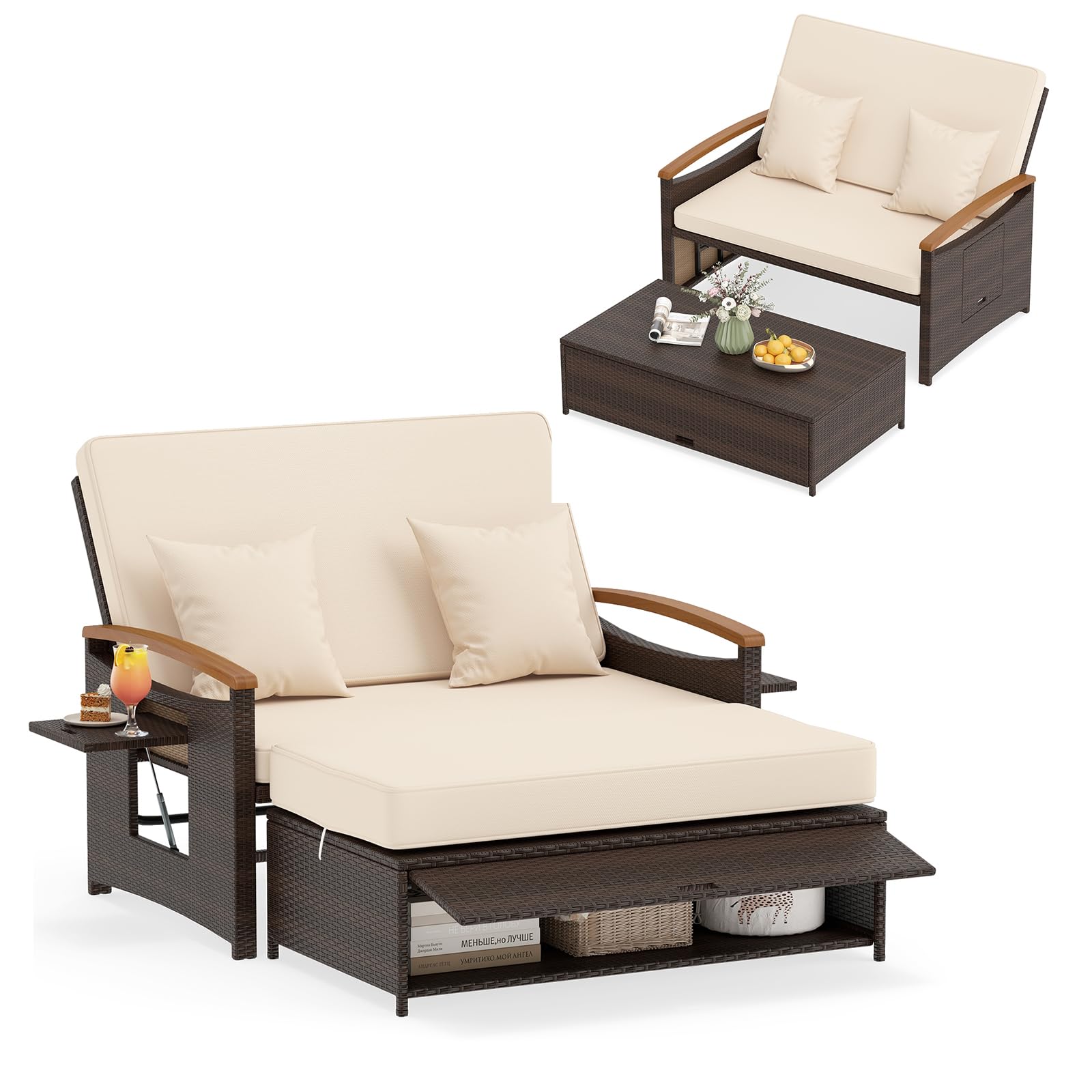 COSTWAY Sofa Exterior de Ratán con Reposapiés de Almacenamiento, 2 Plazas Tumbona Acolchado, Cama Respaldo Ajustable de 4 Niveles, Bandejas Laterales Retráctiles