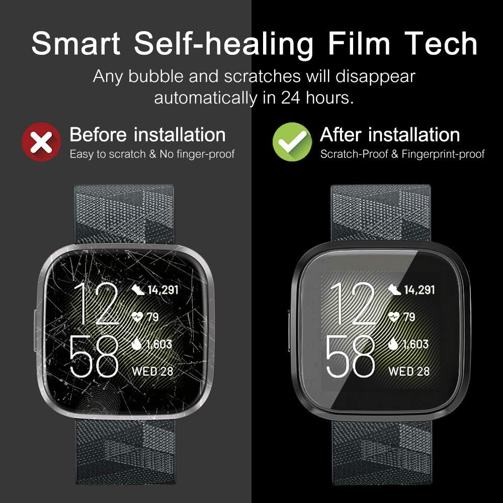Versa 2 Protective Case Cover Tempered Glass Screen Protector for Fitbit Versa 2 Watch, amBand Protection Dial Effective Touchscreen Cover Overall Cases Flexibly Only for Versa 2 Black