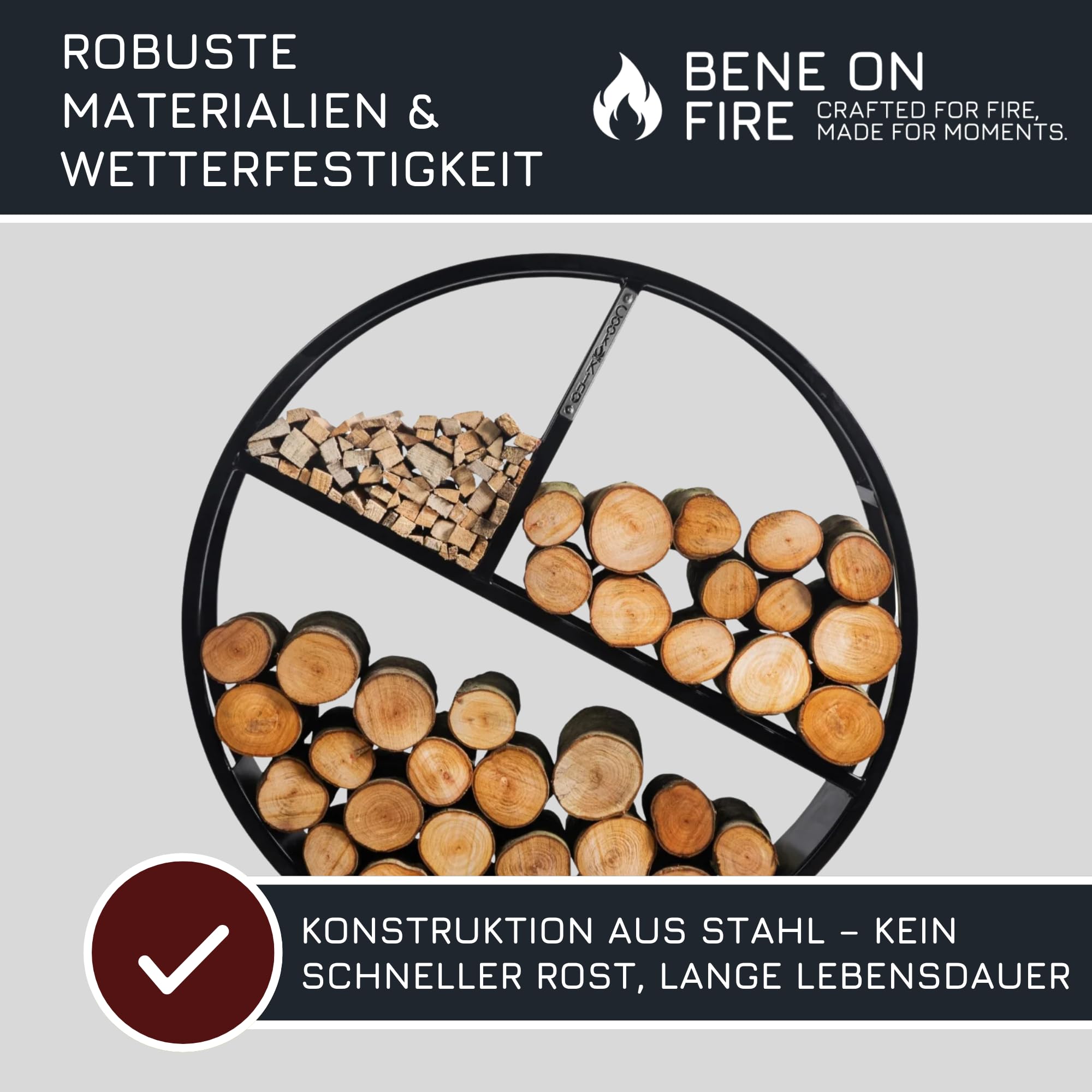 MR. DEKO BENE ON FIRE Kaminholzregal rund Kalifornien 80 cm | rundes Brennholzregal Metall schwarz | Holzlager dekorativ für Kamin Wohnzimmer | Feuerholzregal Garten Terrassen | Kaminholzunterstand