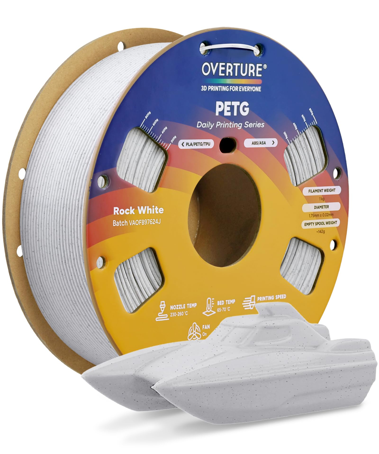 OVERTURE Rapido PETG Filamento 1,75 mm Bianco Roccia 1kg Alta Tenacità | Stampa 3D Rapida • Alta Tenacità • Alta Resistenza • Precisione ±0,02 mm • Compatibile con Stampanti 3D FDM