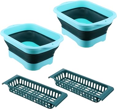 Kifmurase 2PCS 2.91 Gallon11L Dish Basin with Drain Plug, Multiuse Portable Bucket with Sink for Kitchen, RV, Outdoor Camping, Space Saving Foldable Storage Tray Sink Tub Dishpan