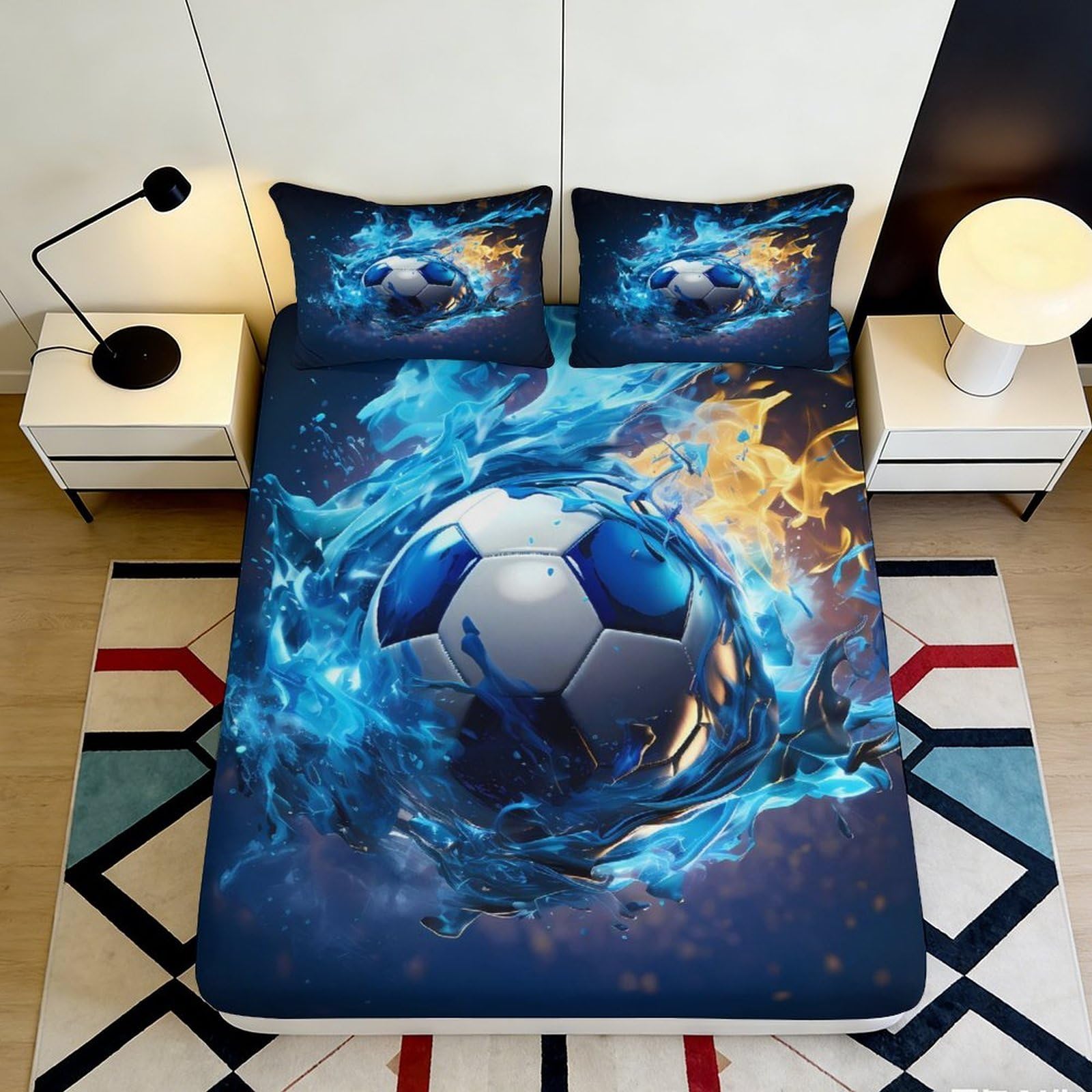 3D Printed Fire Soccer Fitted Sheet Microfiber Soft Blue Flame Bed Cover for Bedroom Guest Room Mattress Decor 90x200x25cm