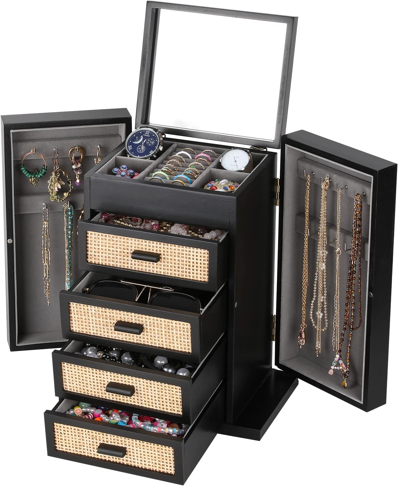 Miss RabbitJewelry Organizer, Rattan Jewelry Box, 5 Layer Wooden Jewelry Organizer Box with Mirror, Jewelry Boxes with 4 Drawers for Women Men, Black Jewelry Storage for Rings Earrings Necklaces Bracelets Watch