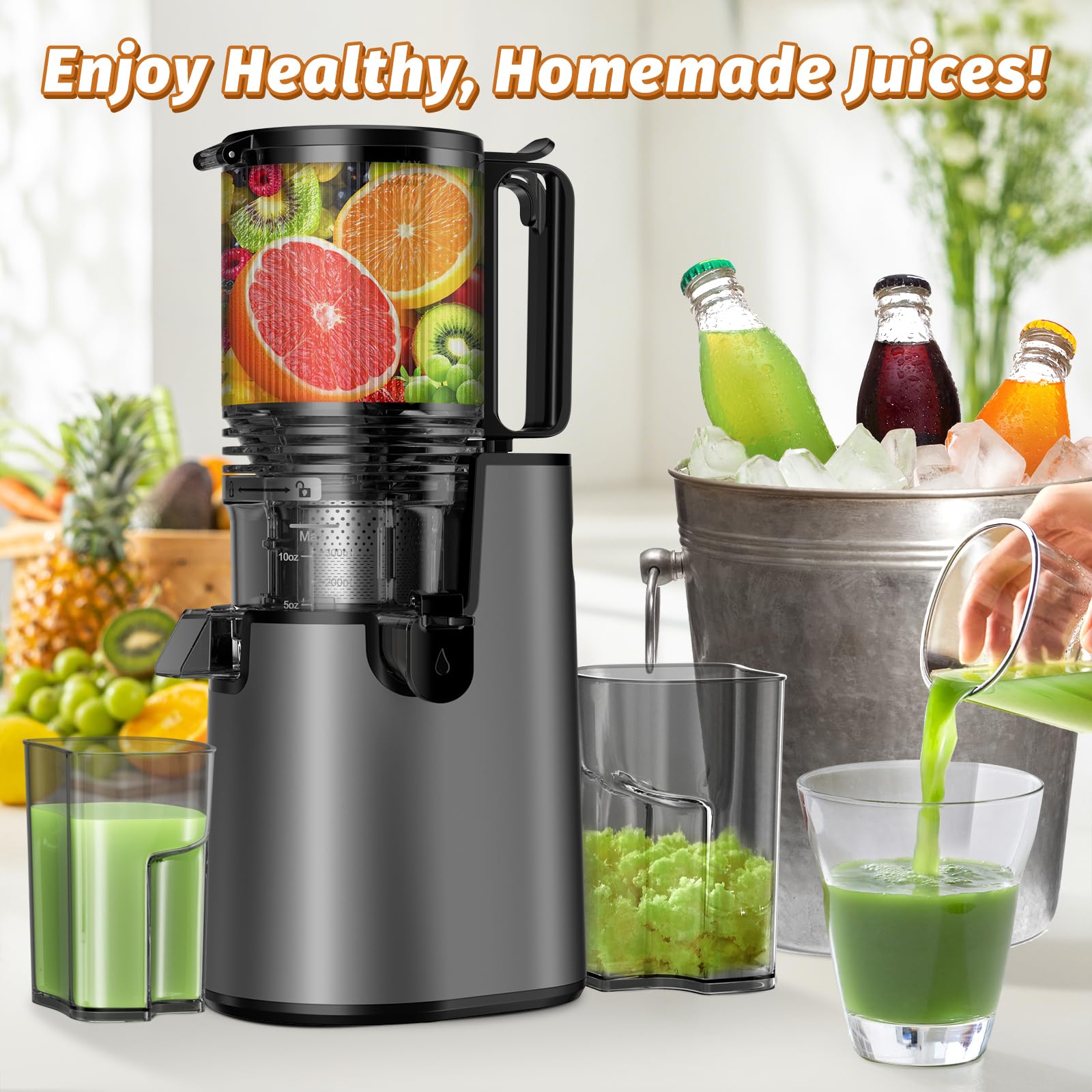 Cold Press Juicer, Juicer Machines with 5.4" Wide Feed Chute for Juice Extractor, Slow Masticating Juicer for Vegetables & Fruits with High Juice Yield, Easy to Clean (Black)