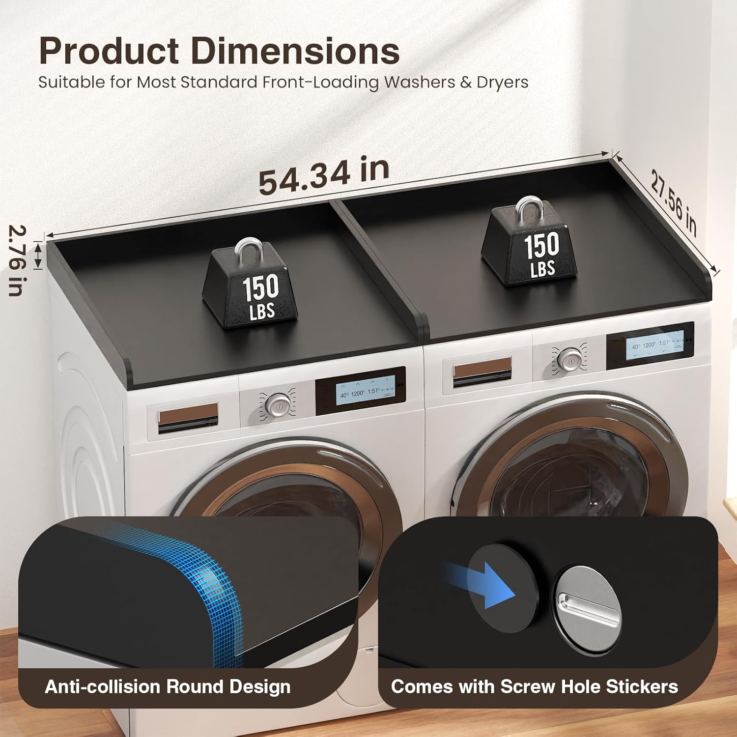 Washer Dryer Countertop Set of 2, 54.34" L x 27.56" W x 2.76" H Wood Washer and Dryer Countertop, Laundry Topper with Anti-Slip Pads & Edge Rails for Laundry Room Organization (Black)