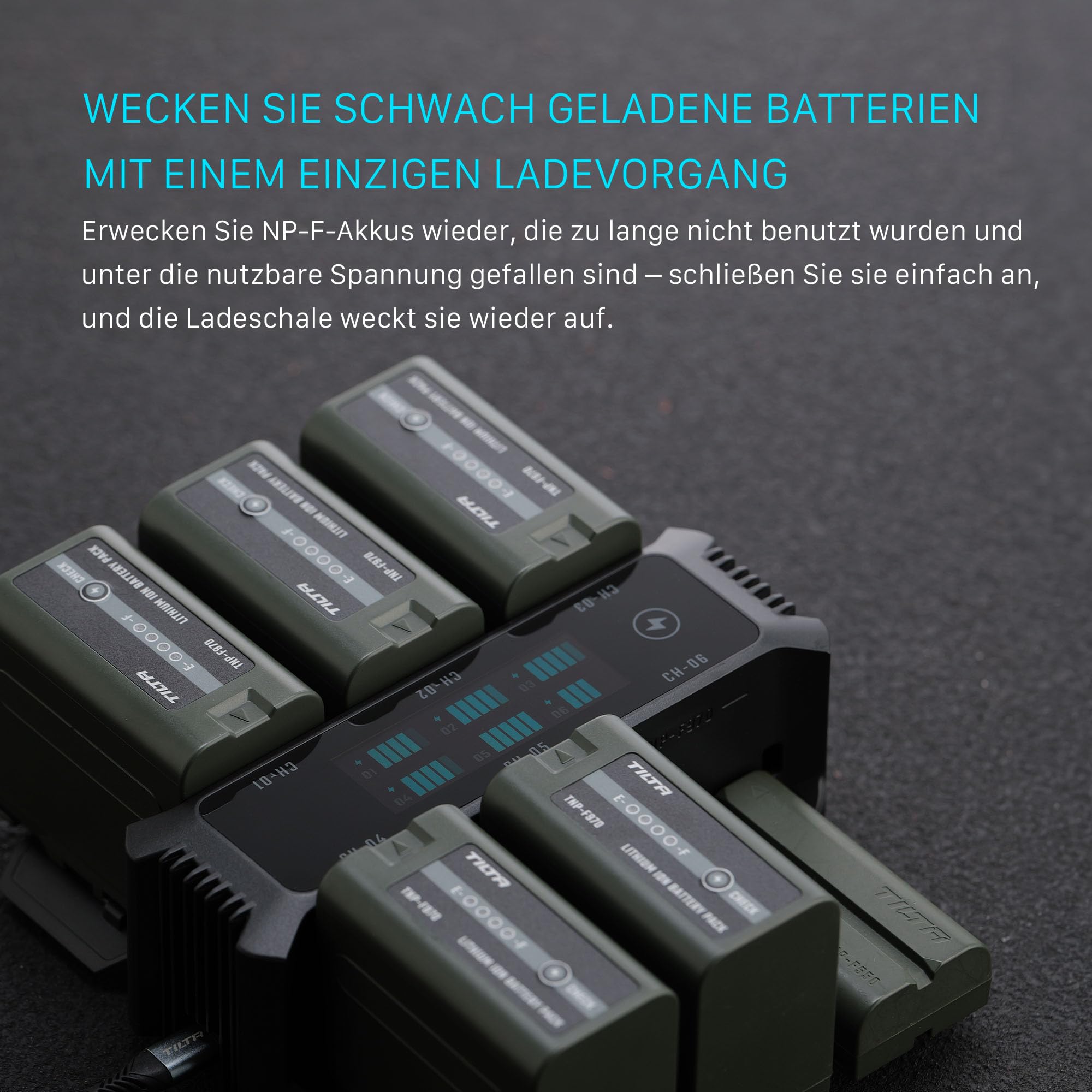 Tilta NP-F Akkuladegerät, Kompatibel mit Sony NP‑F970/F750/F570/F550 | 100W PD/QC Schnellladung, 6 Steckplätze laden 6 Akkus, TFT-Anzeige Akkustand, Lüfterkühlung Temp.-Regelung