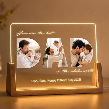 Personalized Fathers Day Picture Frame Gift, Customized Dad Gifts from Daughter Son Kids, Dad Frame with Night Light for Best Dad, Custom Fathers Day Birthday Gift for Dad Husband Boyfriend