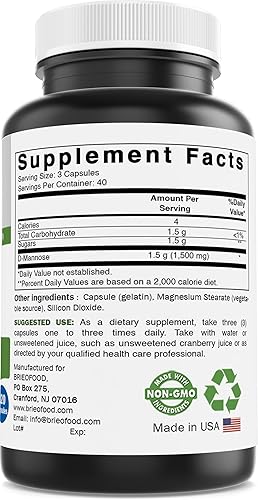 Miniatura 3 de Brieofood Cápsulas de D-manosa - Salud del tracto urinario - 1500 mg por porción - 120 cápsulas