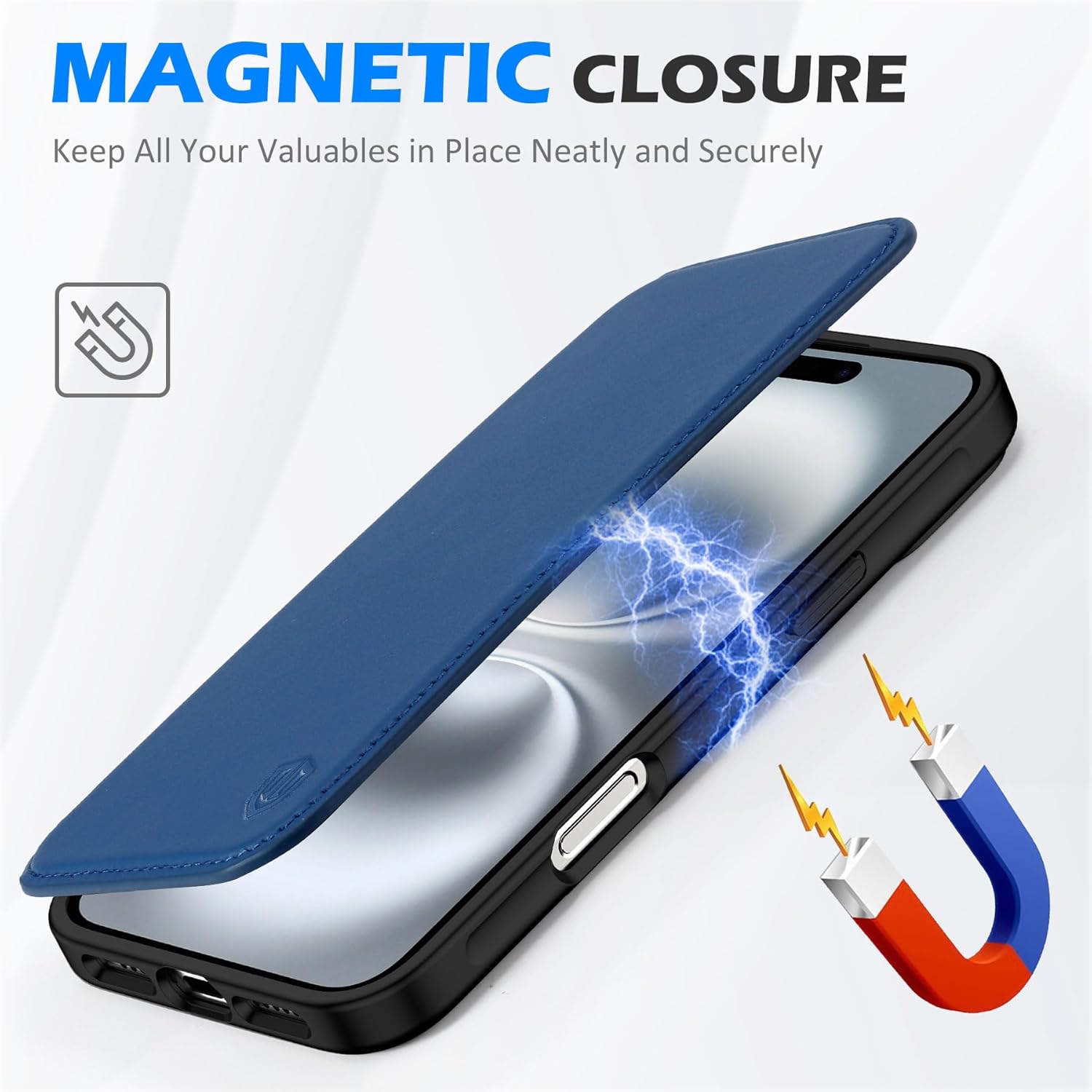 SHIELDON Case for iPhone 16 5G 2024, Genuine Leather Wallet Slim Book Flip RFID Blocking Card Slot Magnetic Shock Absorbing Wireless Charging Case Compatible with iPhone 16 6.1" - Royal Blue
