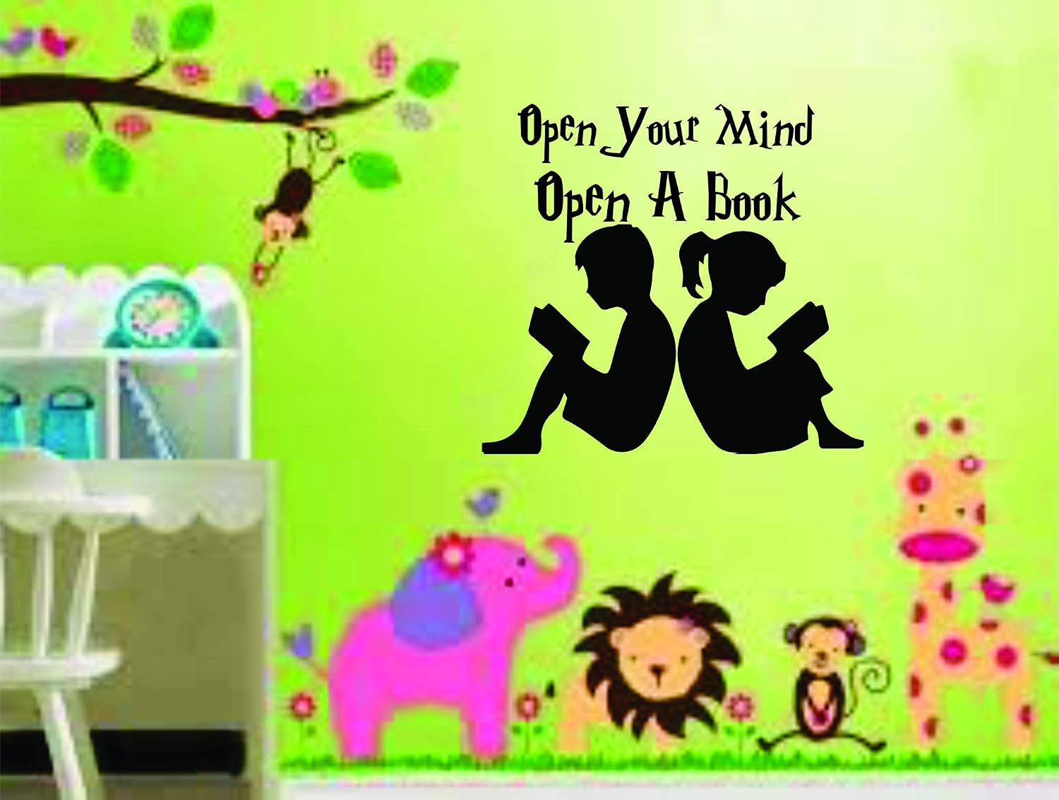 Open Your Mind Open A Book Reading Quotes Wall Sticker Vinyl Wall Decal for Girls Boys Baby Kid Bedroom Nursery Daycare Kindergarten Fun Home Decor Stickers Wall Art Vinyl Decoration Size (20x20 inch)