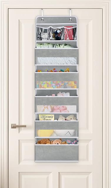 Over The Door Organiser Storage with Hooks, Bedroom Wall Hanging Storage 5 Large Pockets and 3 Small PVC Pockets for Baby Nursery Bathroom Closet Dorm Room
