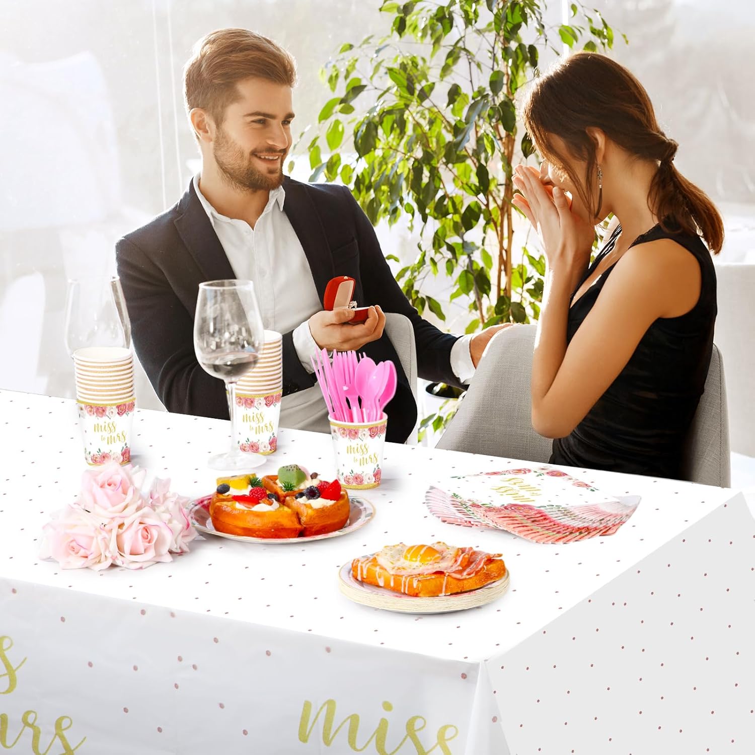 Zhehao 170 Pcs Bridal Shower Plates and Napkins Gold Miss to Mrs Floral Disposable Paper Tableware Set of 24 Includes Plates Napkins Cups Tablecloth Knife Fork for Wedding Bridal Shower Party Decor
