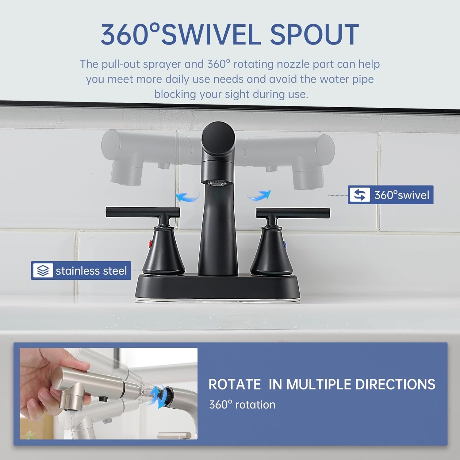 FRANSITON Bathroom Faucets with Pull Out Sprayer, 4 Inch Black Bathroom Faucet 3-Hole, 2 Handle Pull Down Sprayer Bathroom Sink Faucet with 360 Swivel Spout, Metal Pop-Up Drain