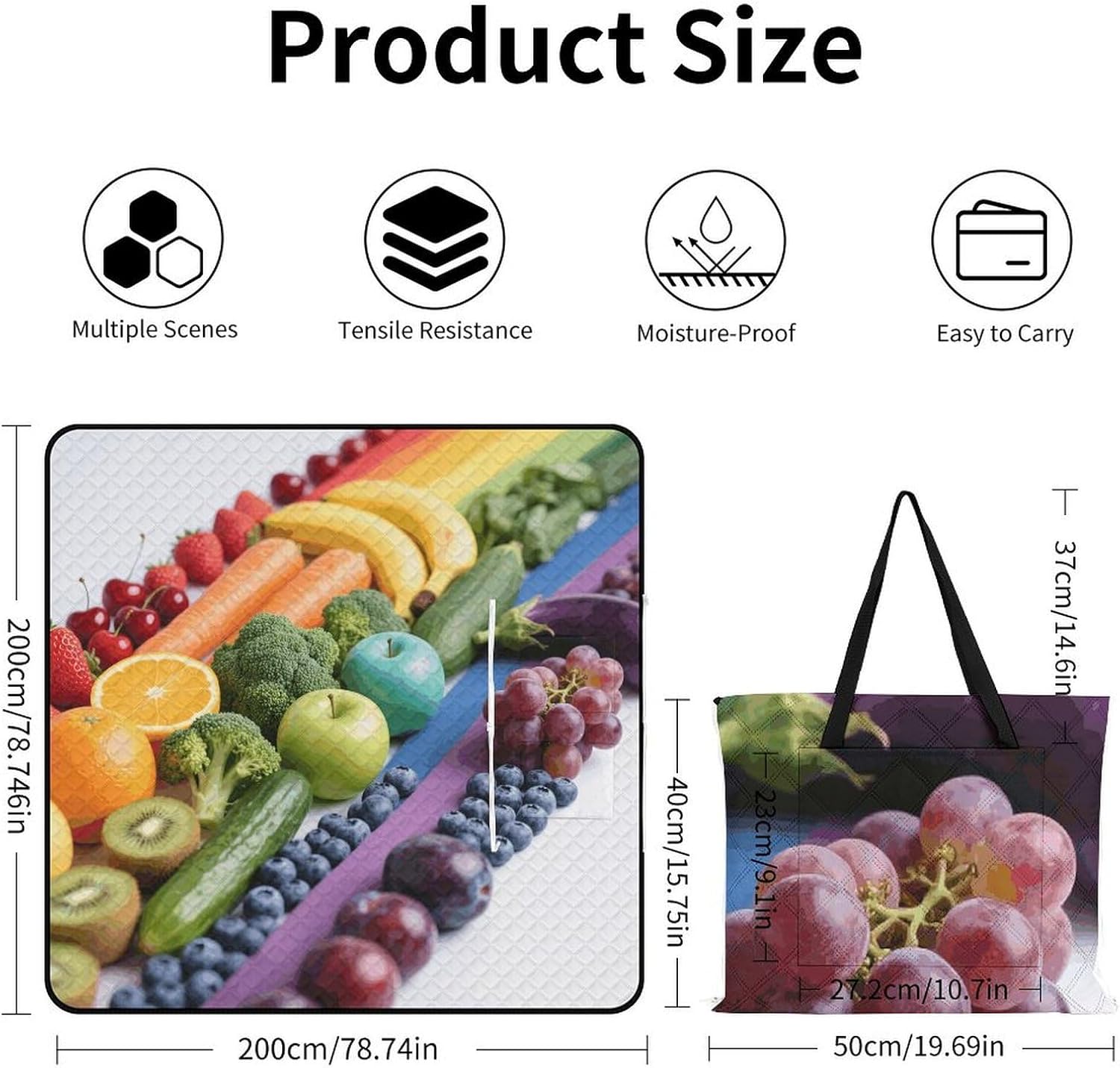 Food Stitching Pictures Picnic Blanket 200x200cm, Foldable 2-in-1 Picnic Mat and Tote Bag Portable Waterproof Beach Mat Sandproof Outdoor Blanket for Park, Hiking, Beach, Camping, Travel
