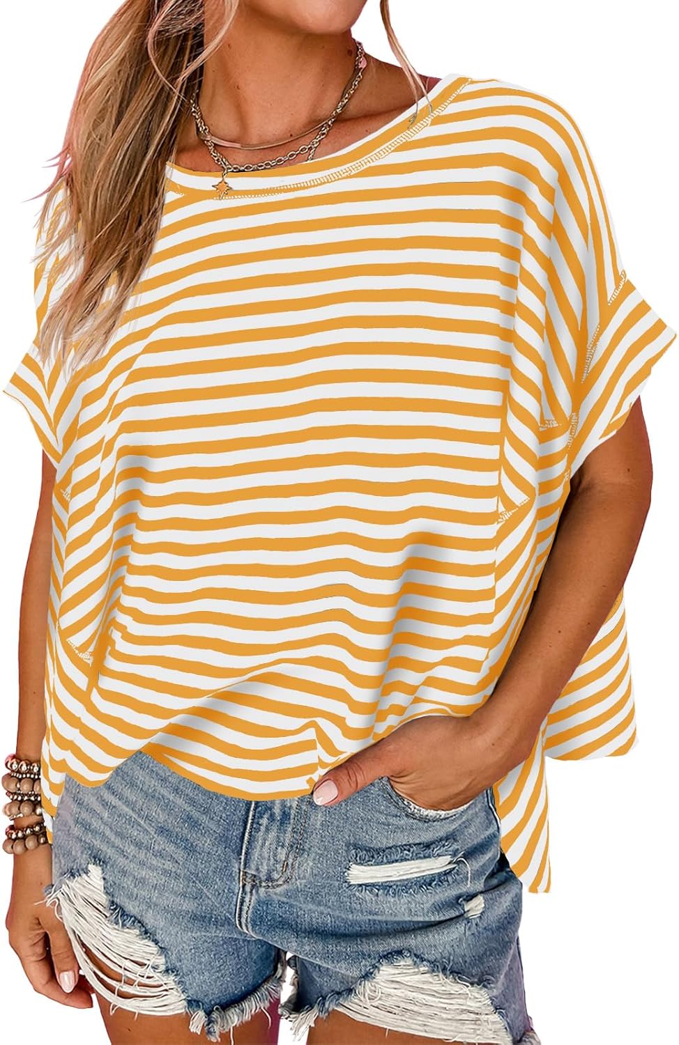 Tankaneo Womens Oversized Striped Tshirts Irregular Hem Batwing Short Sleeve Tops Summer Casual Round Neck Tee Shirts