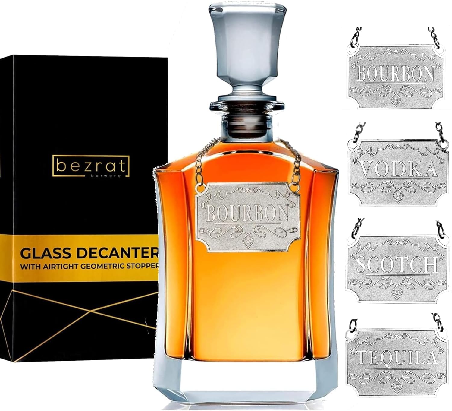 Whiskey Decanter With Label Tag – Bottle Metal Name Tags – Glass Airtight Stopper for Wine, Bourbon, Brandy, Juice, Water – Decanter Sets For Men Christmas Gifts for Dad Boyfriend Husband Him – 24 oz