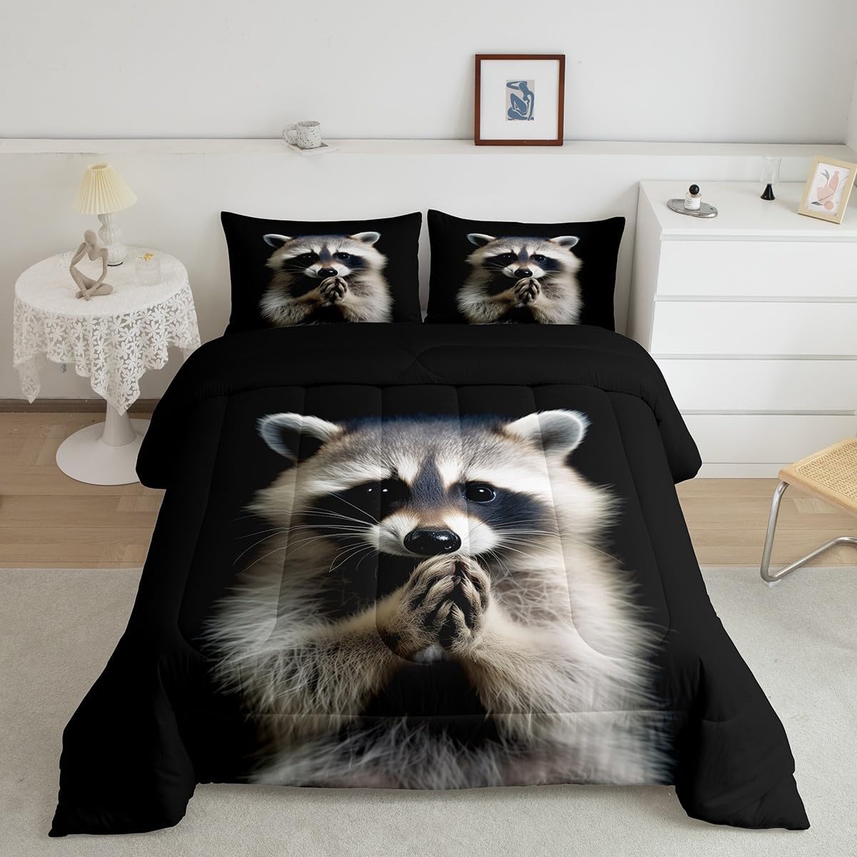 Feelyou Raccoon Comforter Set Full Size Cute Comforter for Boys Girls Teens Kawaii Bedding Set Animal Duvet Set Room Decor Black Quilt Set