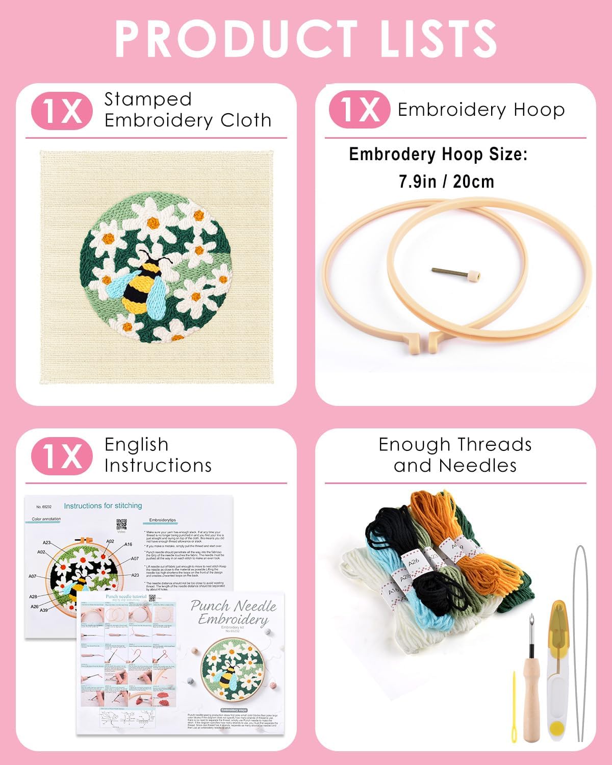 TINDTOP Punch Needle Kits, DIY Punch Embroidery Kits for Adults Beginner, Tool with Punch Needle Fabric, Hoops, Yarns and Sewing Needles (Set D) | Tool with Punch Needle Fabric, Hoops, Yarns and Sewing Needles (Set D)